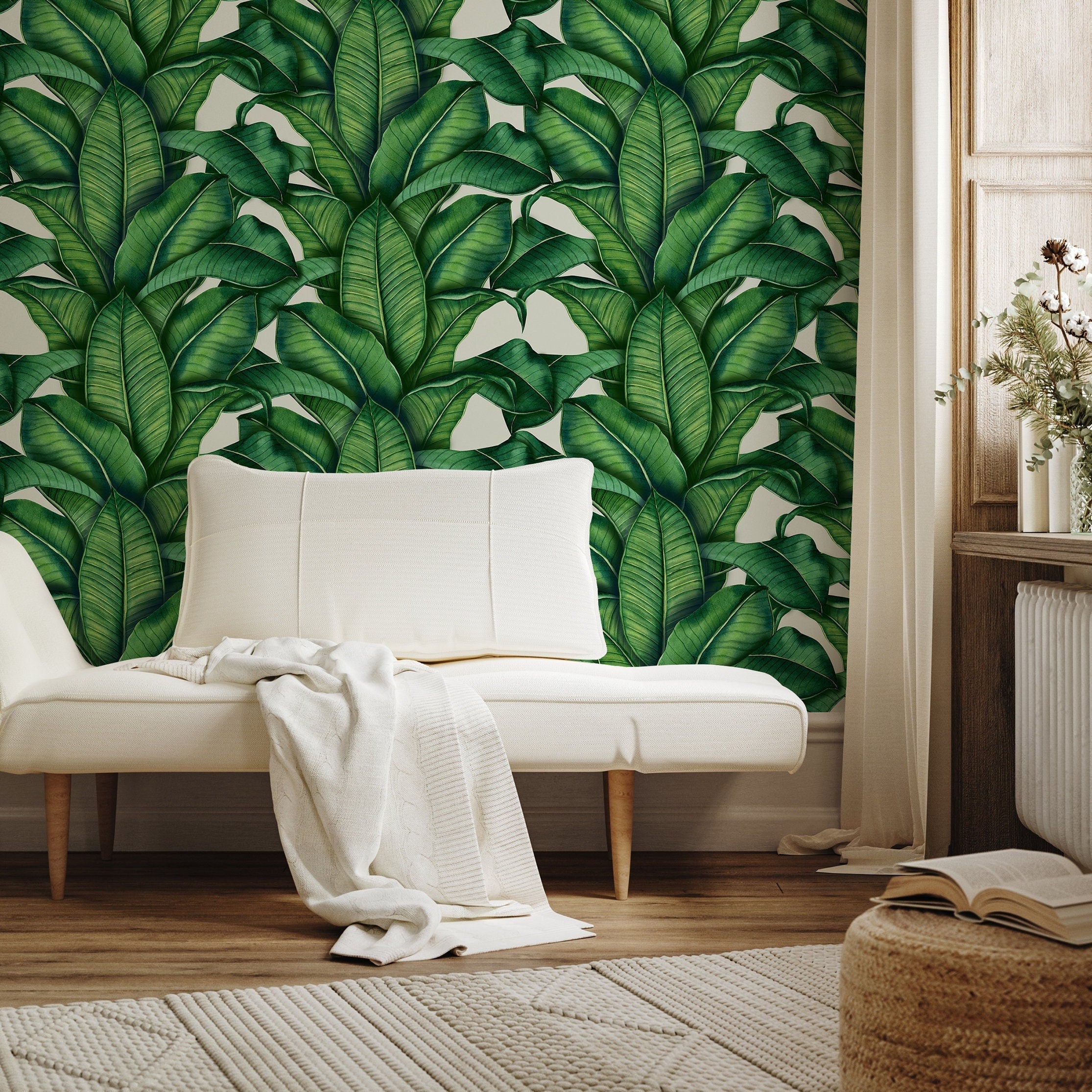 Tropical Wallpaper Featuring Lush Banana Leaves In Green - A256