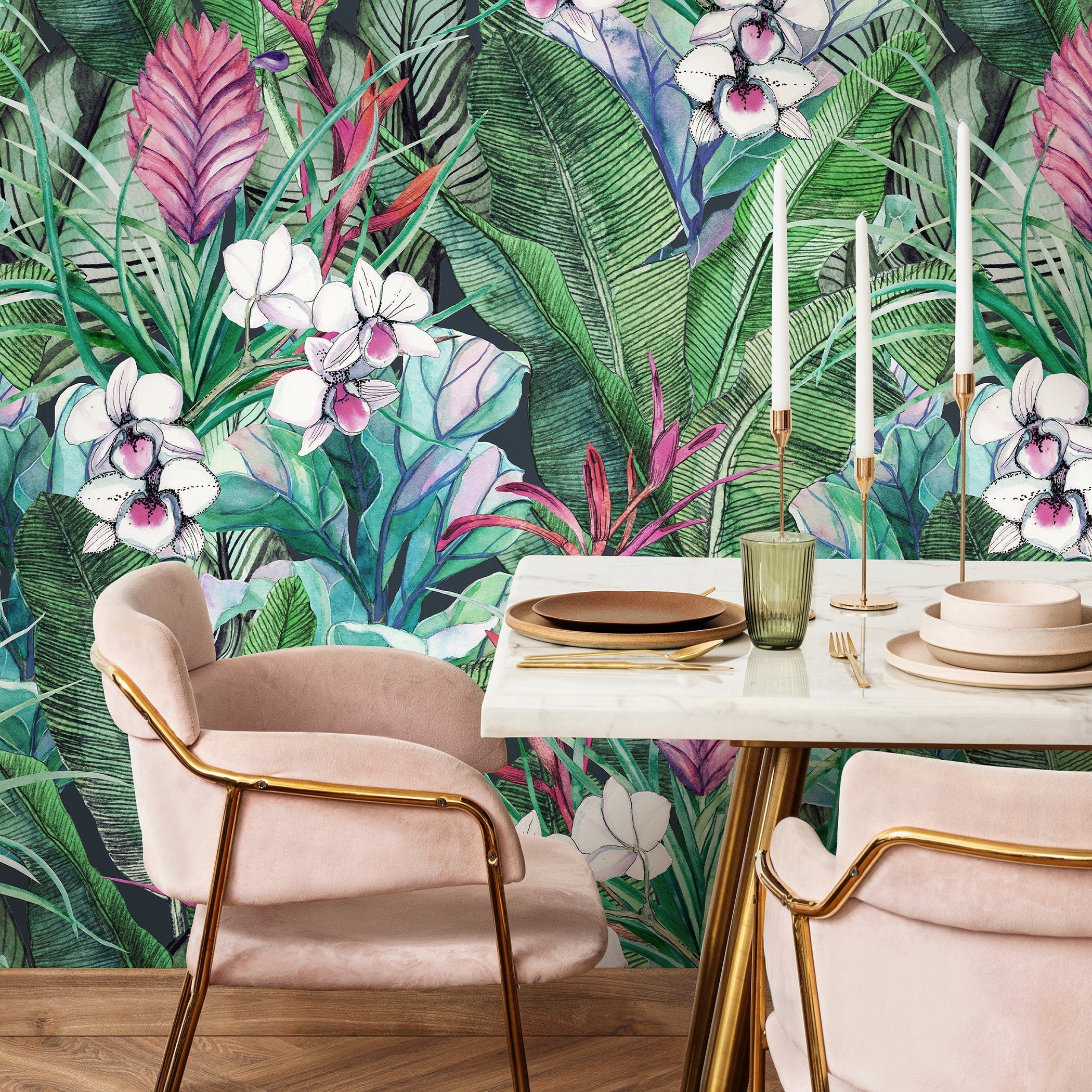Tropical Wallpaper With Lush Jungle Leaves And Orchids In Green And Pink - A673