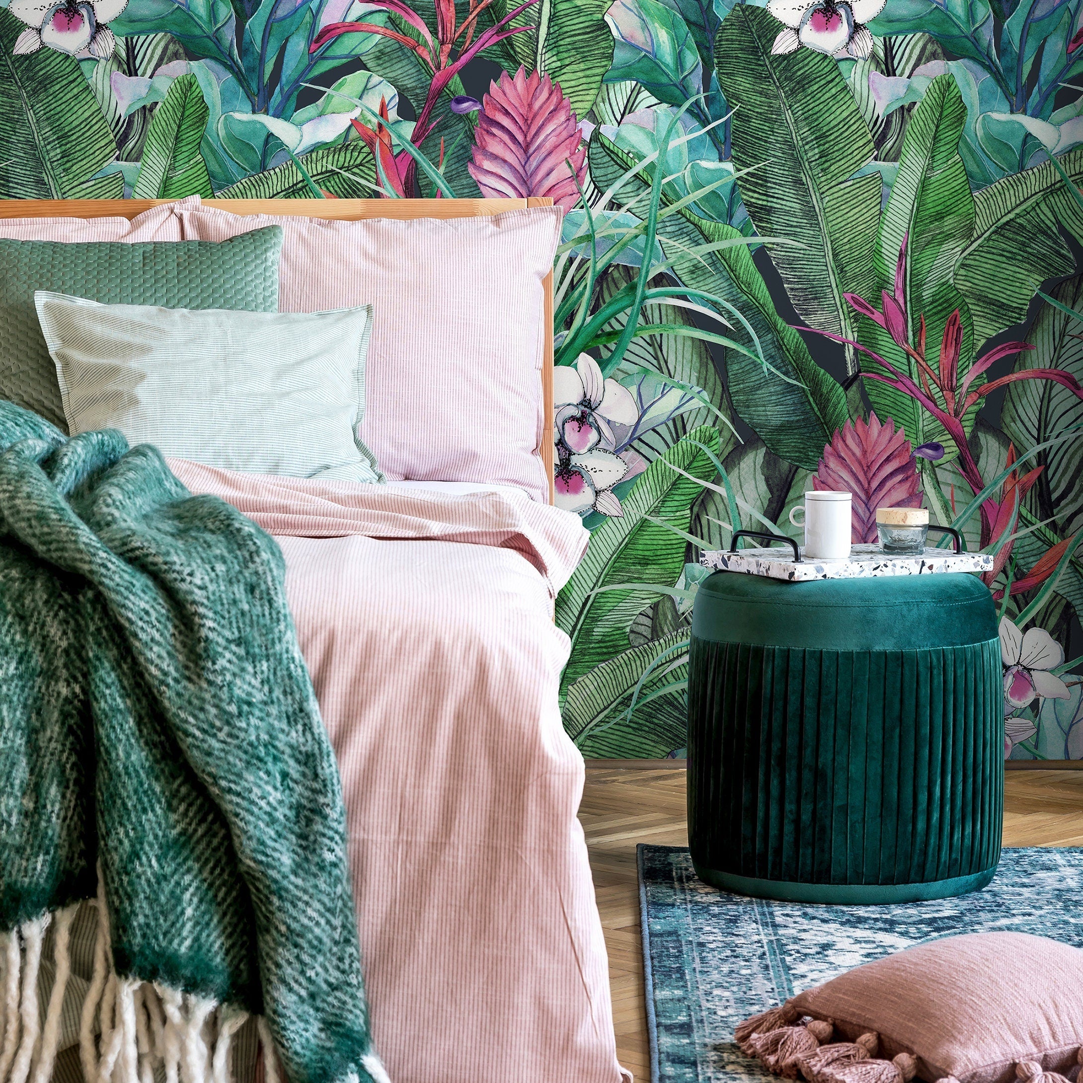 Tropical Wallpaper With Lush Jungle Leaves And Orchids In Green And Pink - A673