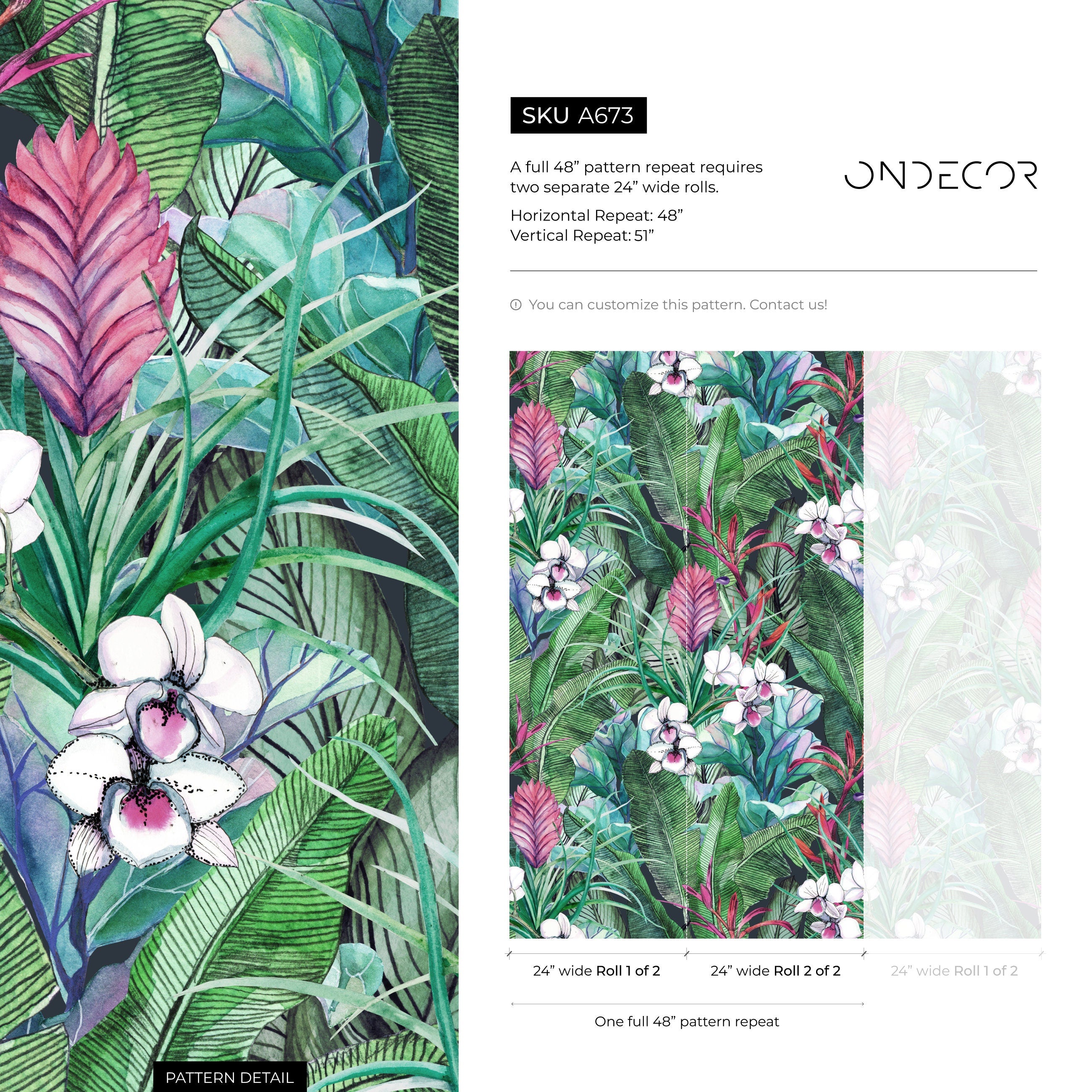 Tropical Wallpaper With Lush Jungle Leaves And Orchids In Green And Pink - A673