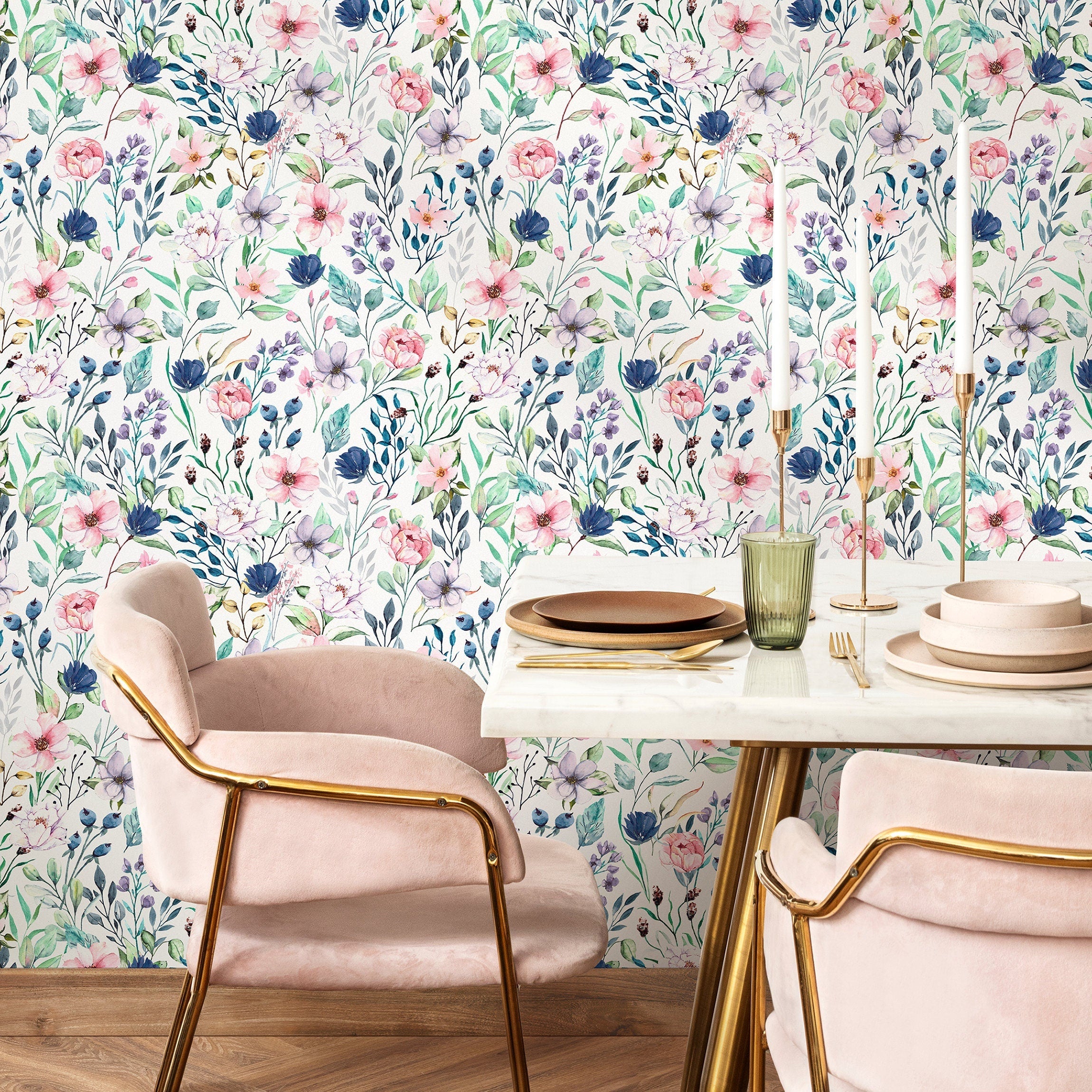 Floral Wallpaper With Watercolor Wildflowers In Pink, Blue, And Purple - A711