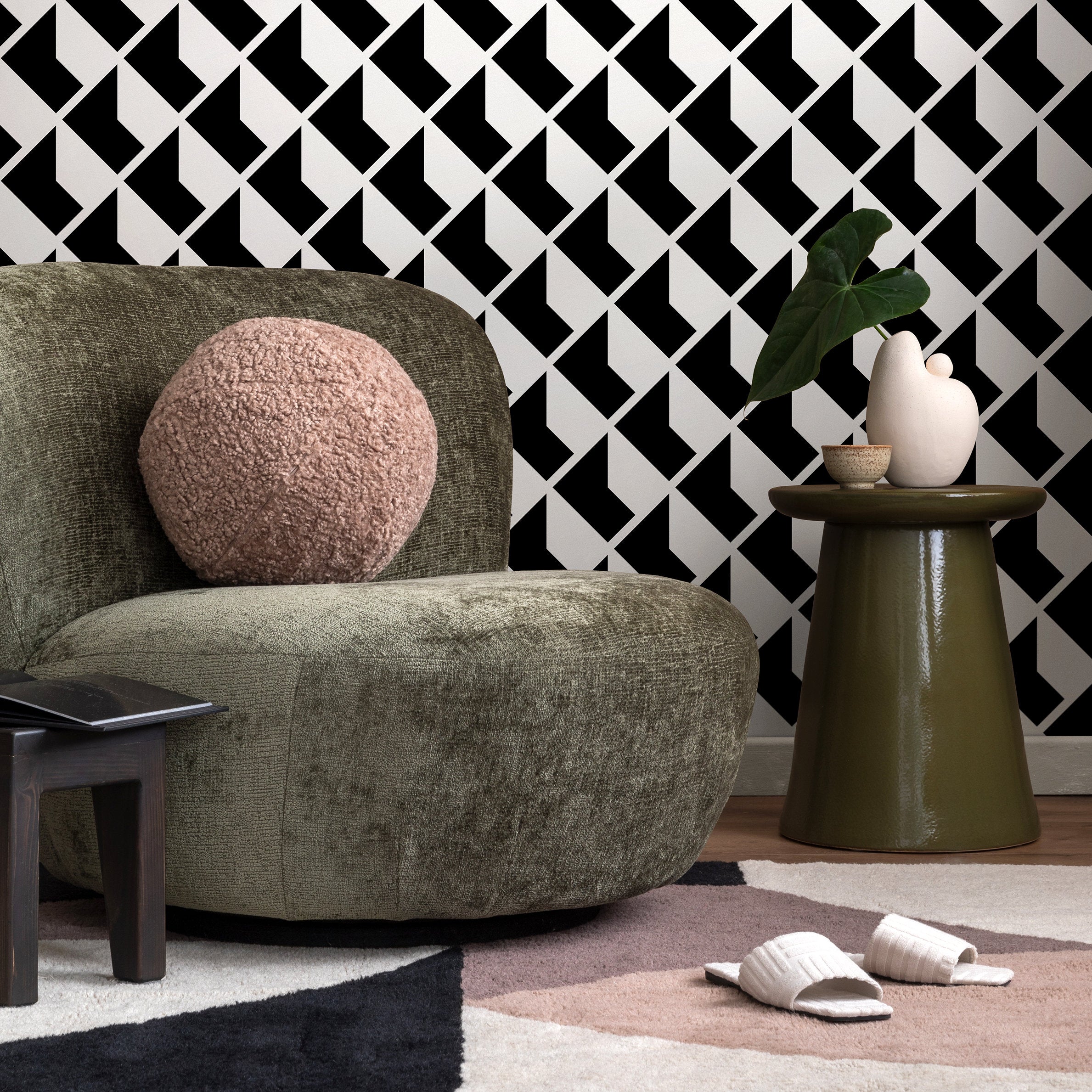 Geometric Wallpaper With An Interlocking Arrow Motif In Black And White - A823