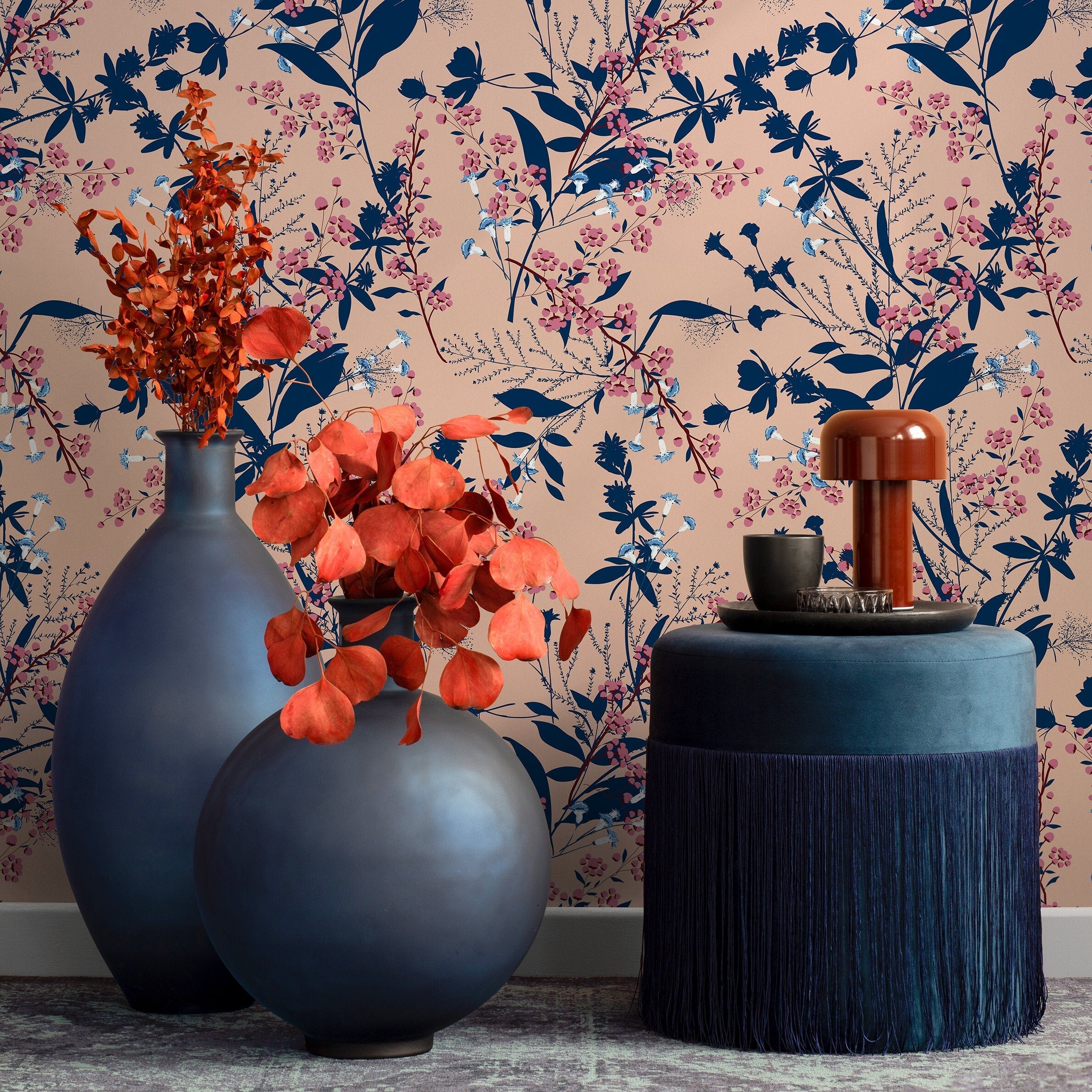 Botanical Wallpaper With Delicate Wildflowers In Navy Blue, Pink, And Beige - A826