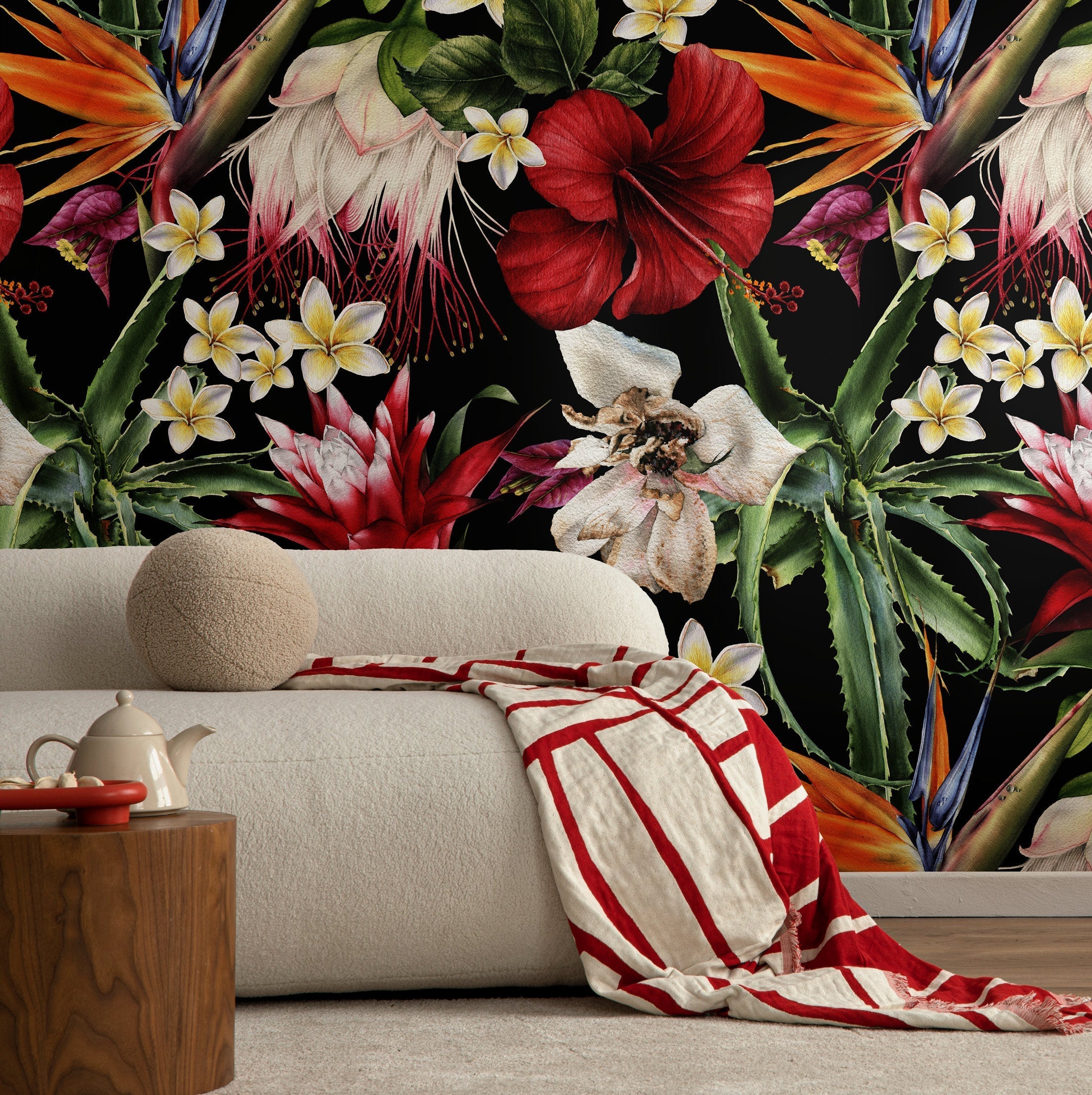Tropical Wallpaper With Exotic Flowers And Leaves In Red, Orange, And Green - A828