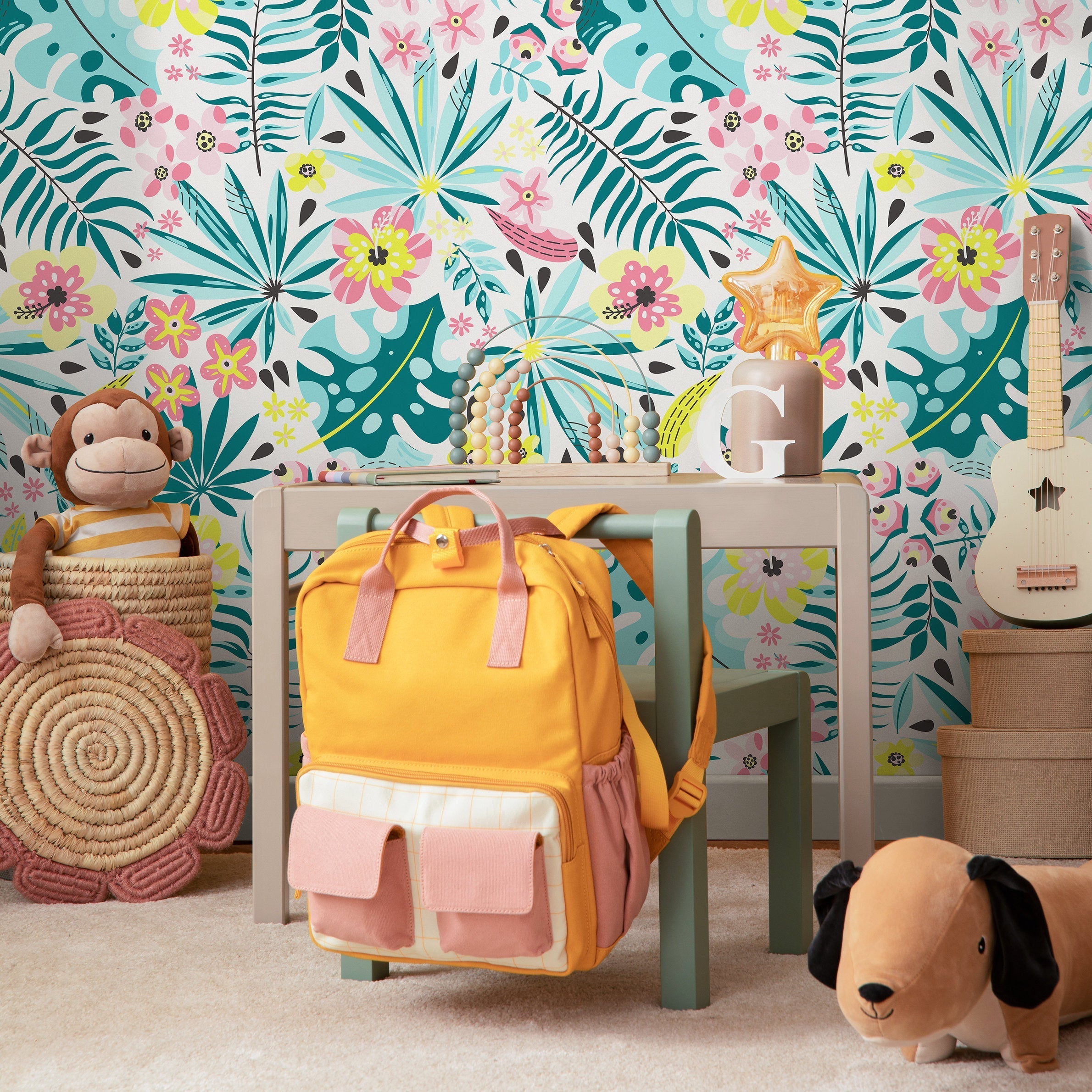 Botanical Wallpaper With Tropical Flowers In Teal, Pink, And Yellow - A831