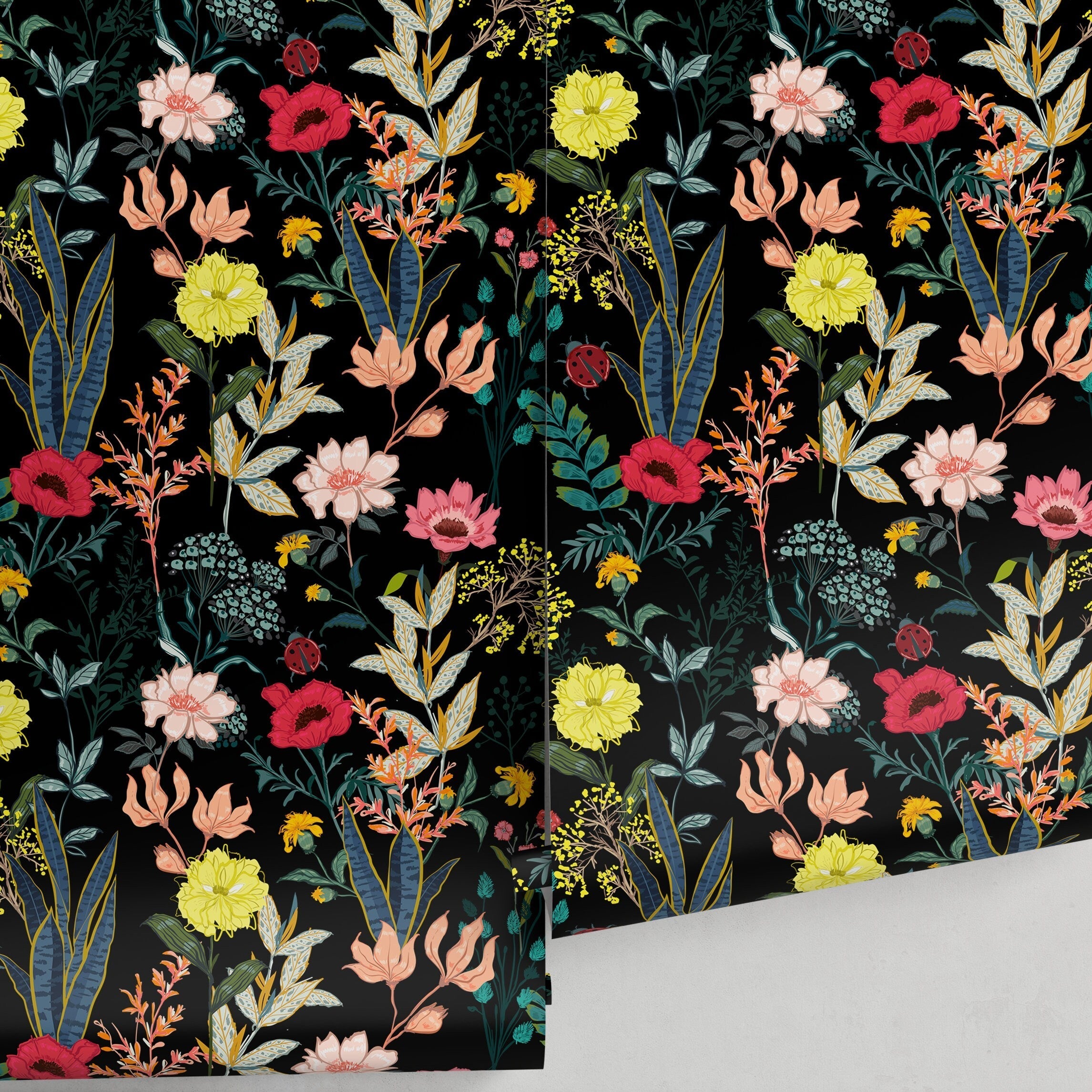 Botanical Wallpaper With Colorful Flowers And Ladybugs In Red, Yellow, And Pink - A834