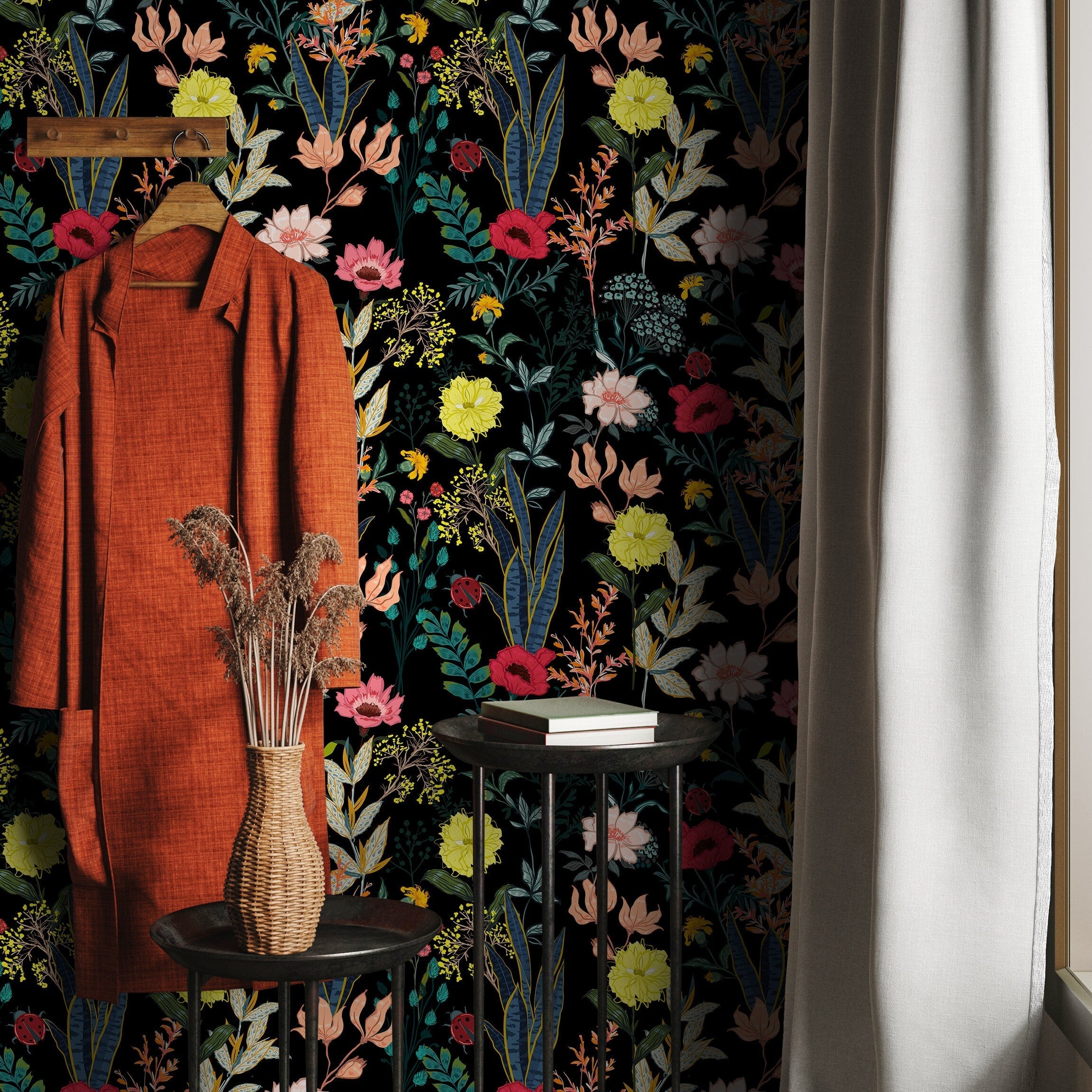 Botanical Wallpaper With Colorful Flowers And Ladybugs In Red, Yellow, And Pink - A834