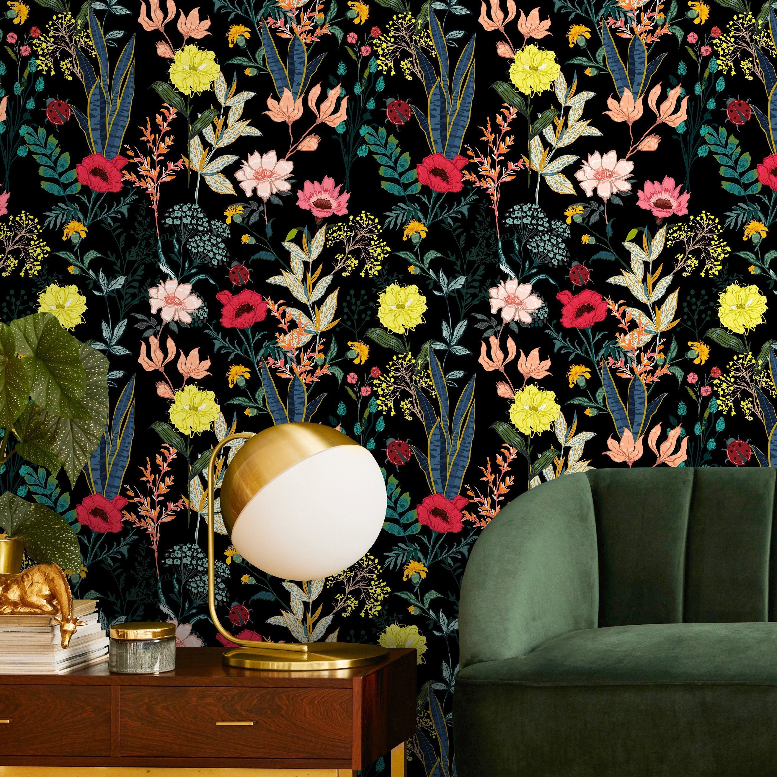 Botanical Wallpaper With Colorful Flowers And Ladybugs In Red, Yellow, And Pink - A834