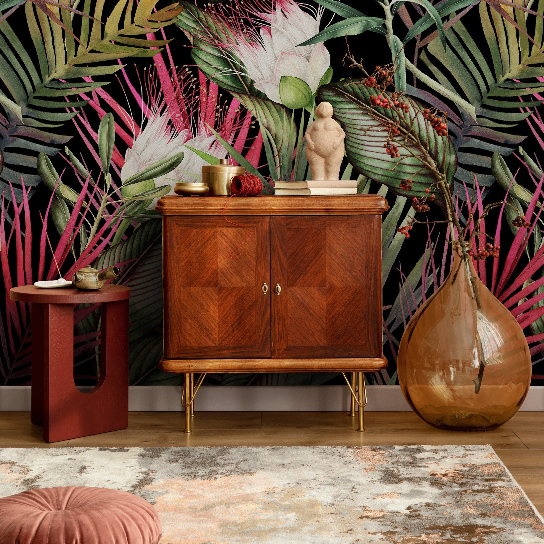 Tropical Wallpaper With Lush Jungle Foliage In Black, Green, And Pink - A835