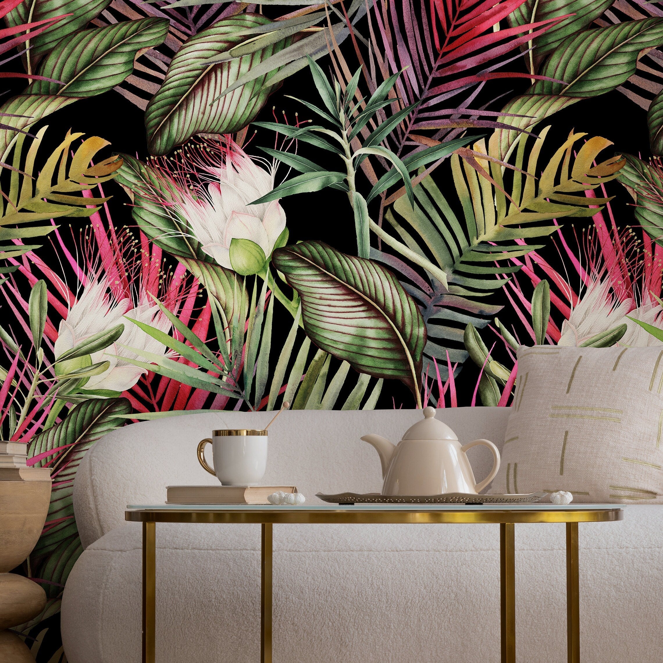 Tropical Wallpaper With Lush Jungle Foliage In Black, Green, And Pink - A835