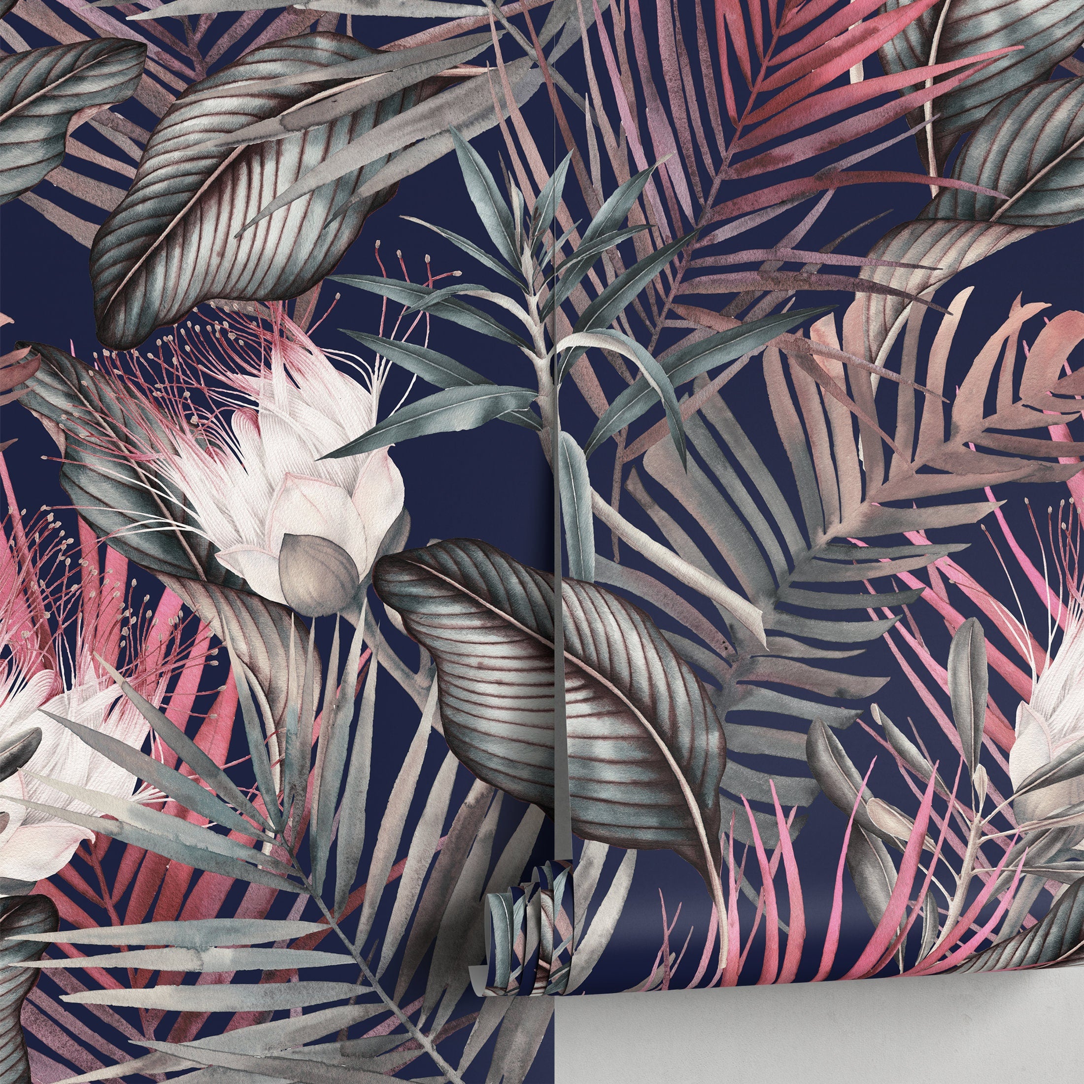 Tropical Wallpaper With Moody Jungle Leaves And Flowers In Navy, Pink, And Grey - A836