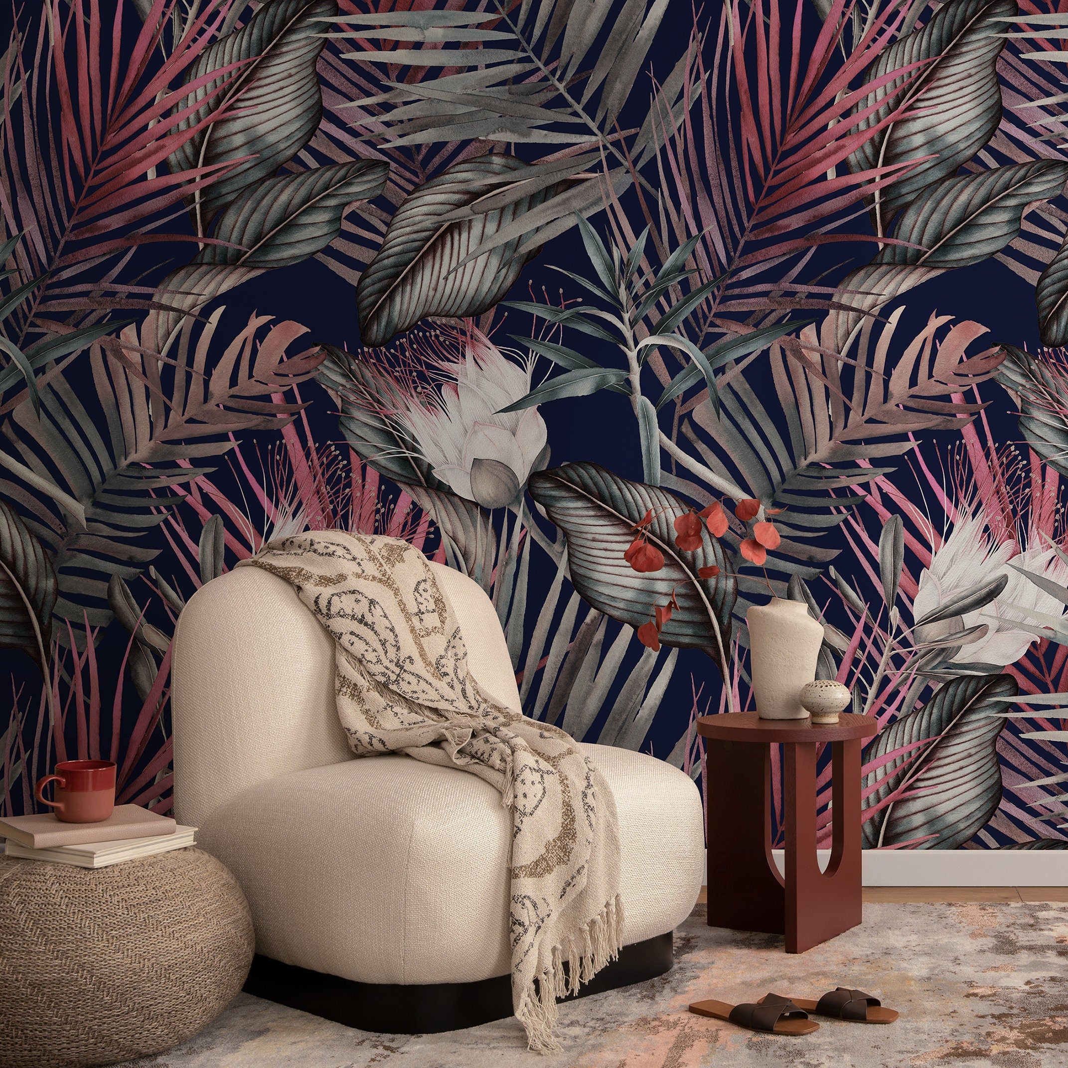 Tropical Wallpaper With Moody Jungle Leaves And Flowers In Navy, Pink, And Grey - A836