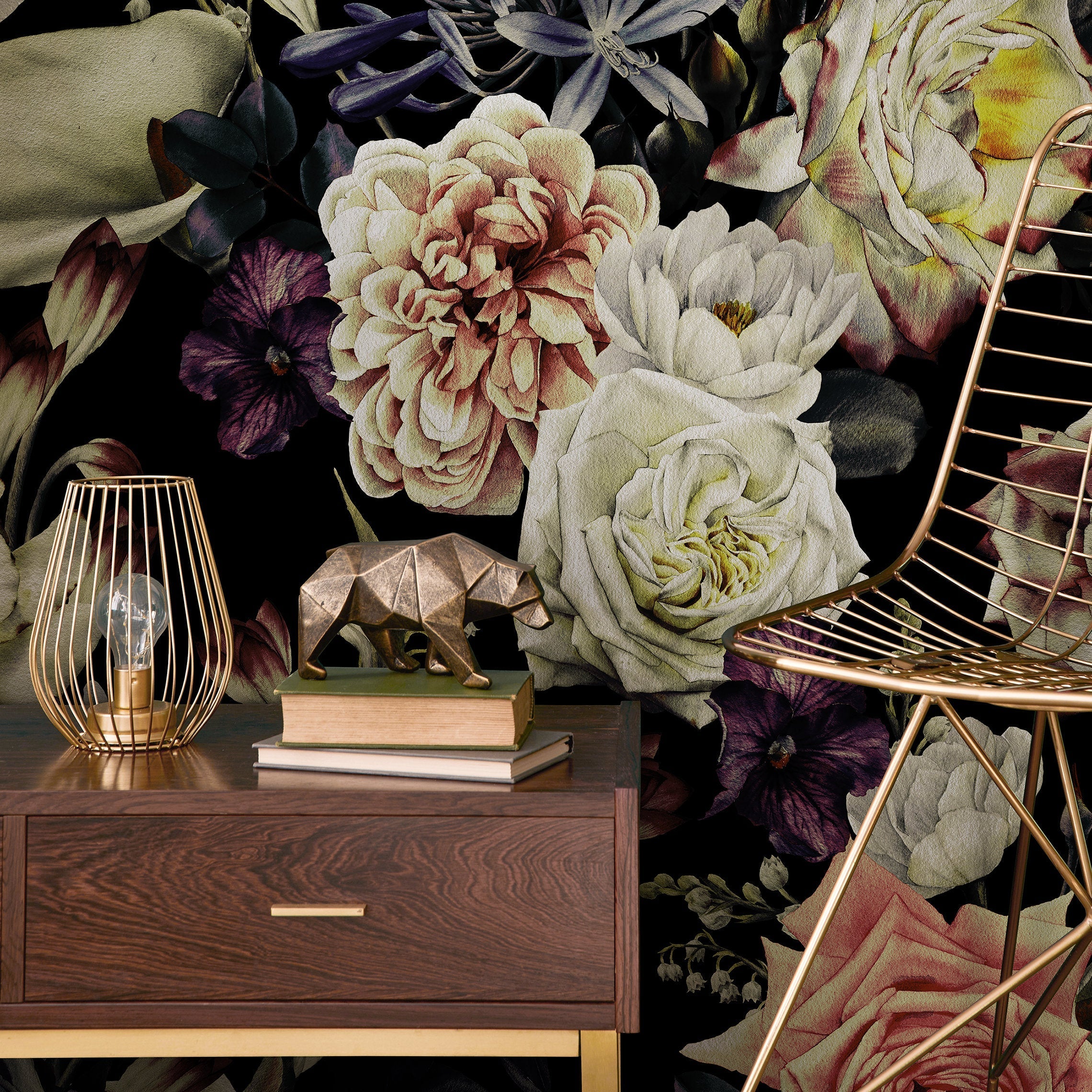 Dark Floral Wallpaper With A Moody Bouquet In Pink, White, And Purple - A841