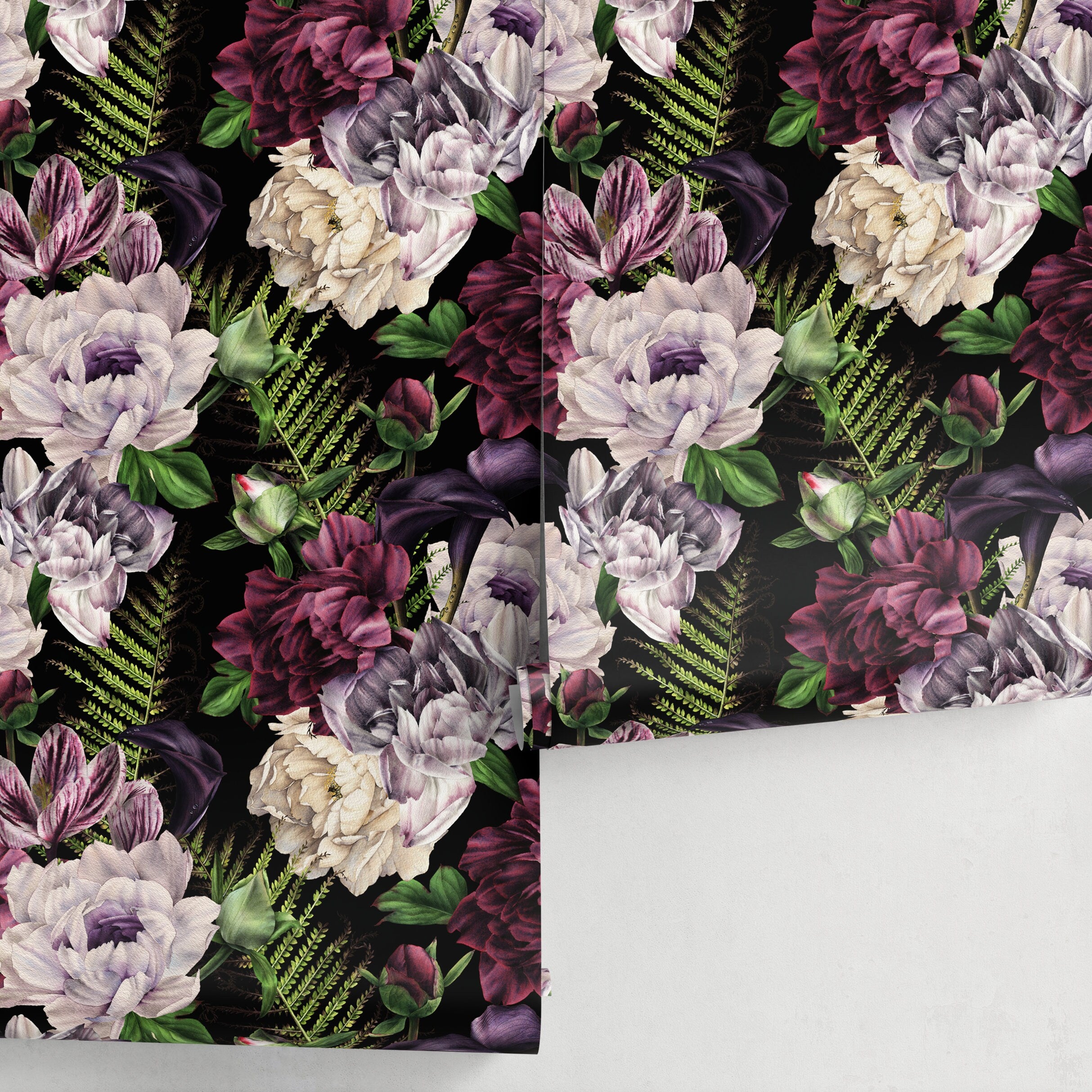 Floral Wallpaper Featuring Large Peonies In Purple, White, And Green - A851