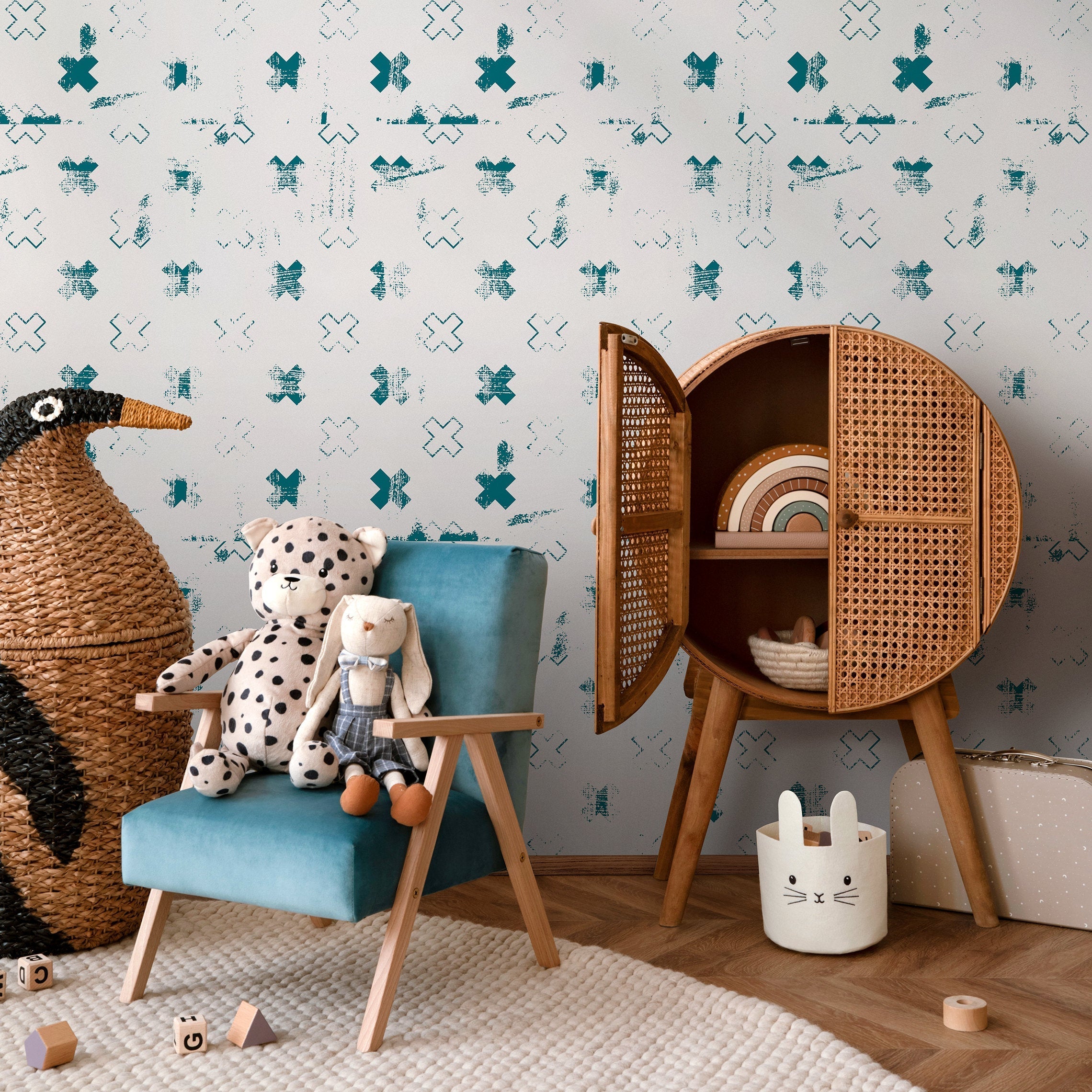 Geometric Wallpaper With A Distressed Cross Motif In Teal - A852