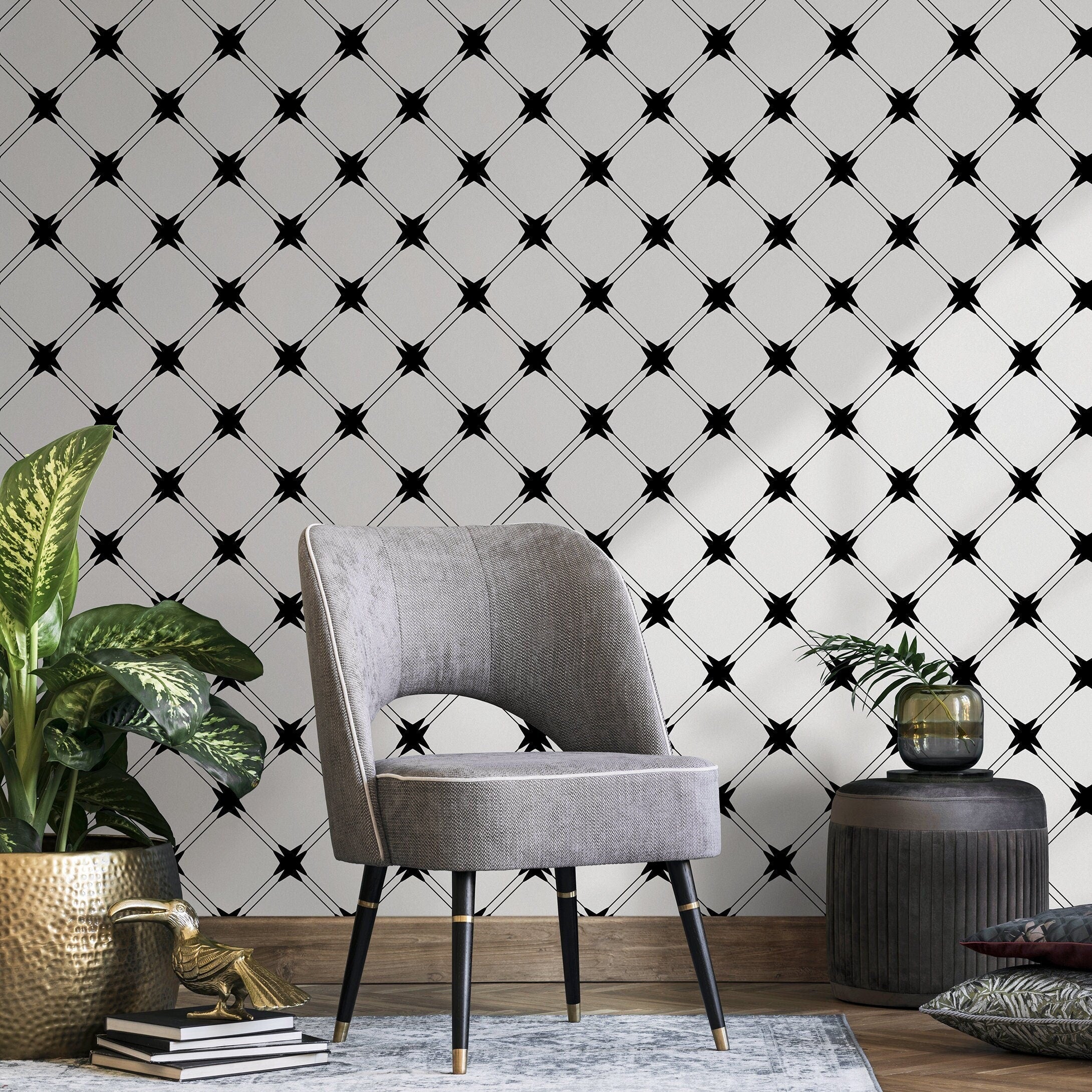 Geometric Wallpaper With A Star Trellis Pattern In Black And White - A860