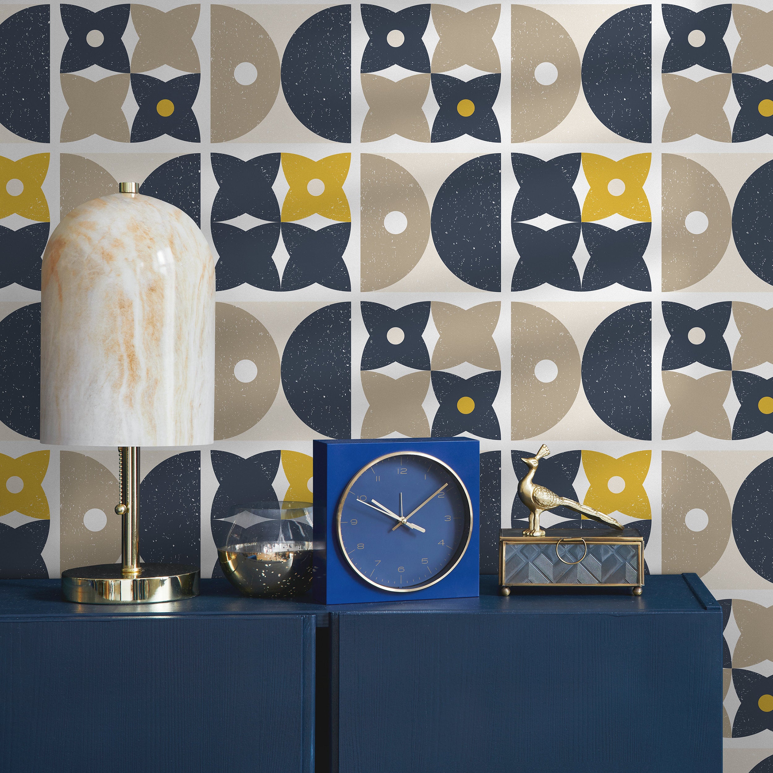 Geometric Wallpaper With A Retro Tiled Pattern In Navy Blue, Yellow, And Beige - A866