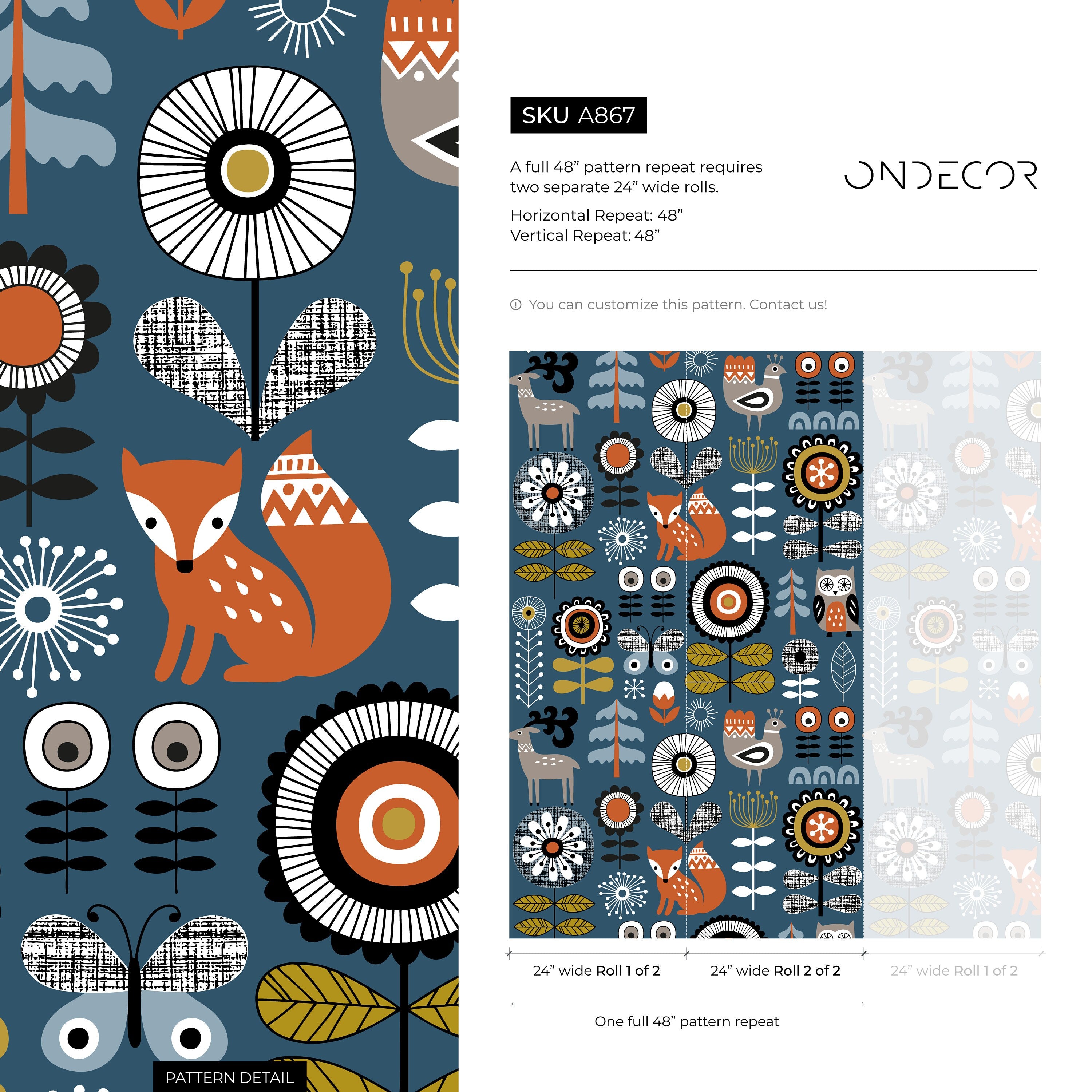 Scandinavian Wallpaper With Folk Art Woodland Animals In Blue And Orange - A867
