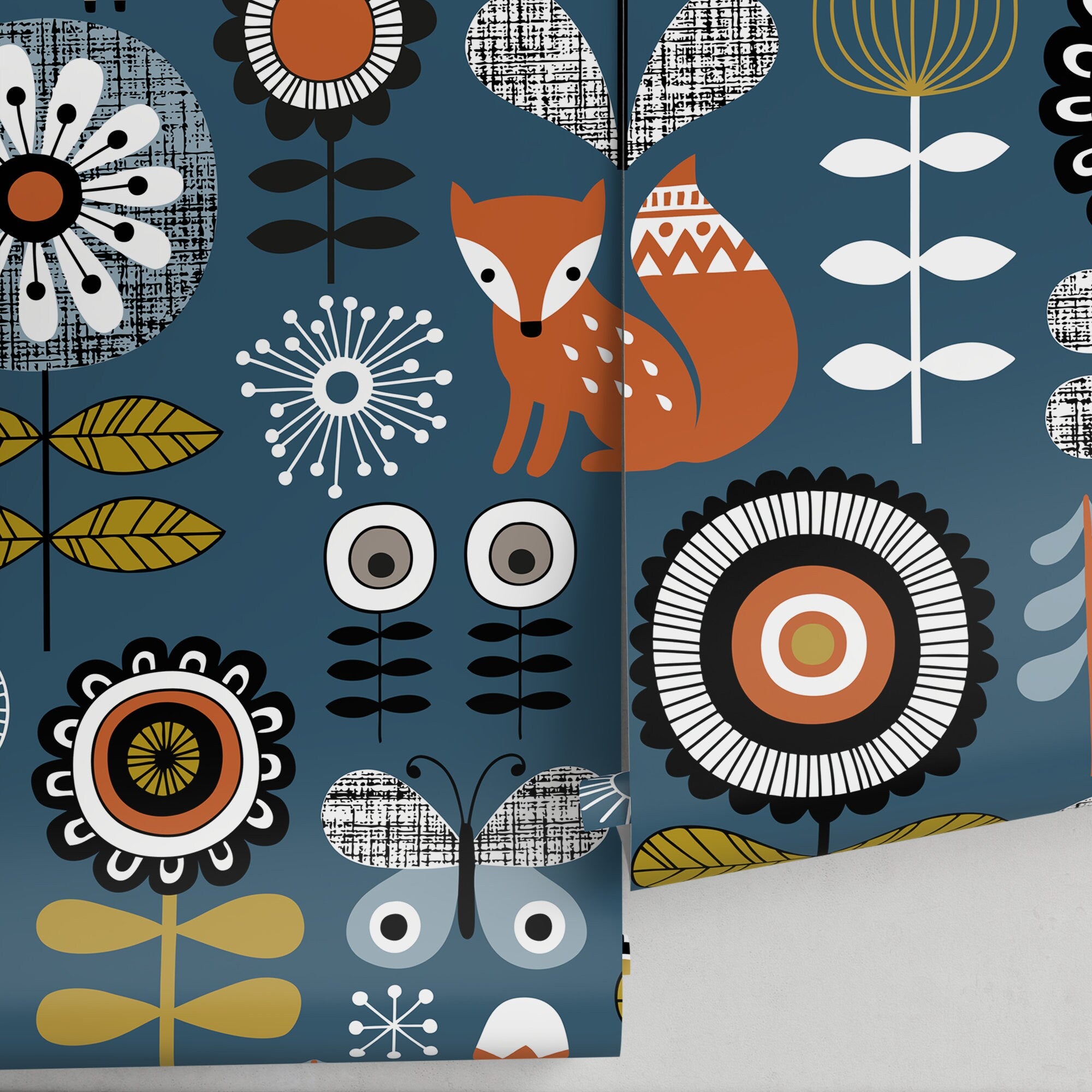 Scandinavian Wallpaper With Folk Art Woodland Animals In Blue And Orange - A867