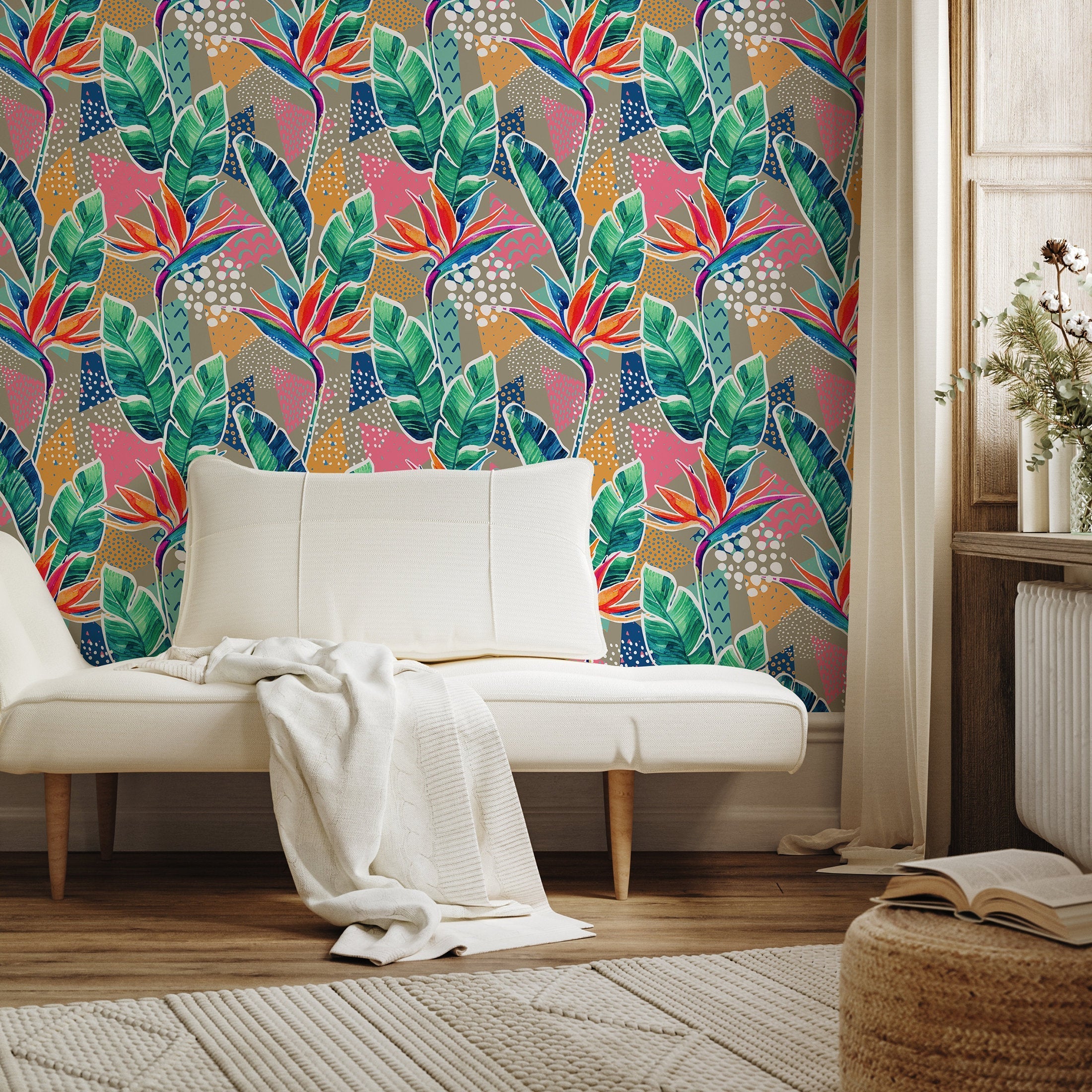 Botanical Wallpaper With Bird Of Paradise In Green, Pink, And Orange - A869