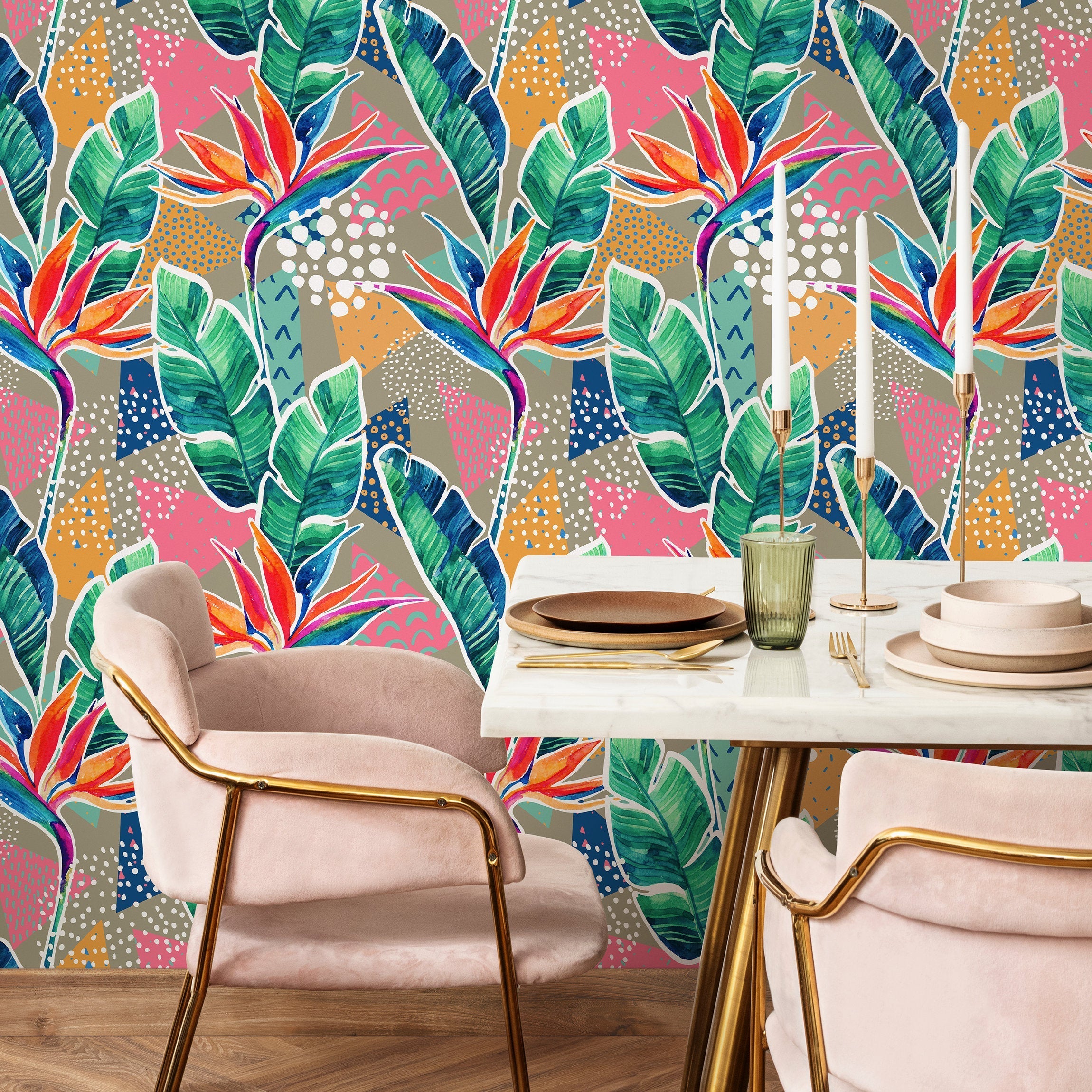 Botanical Wallpaper With Bird Of Paradise In Green, Pink, And Orange - A869