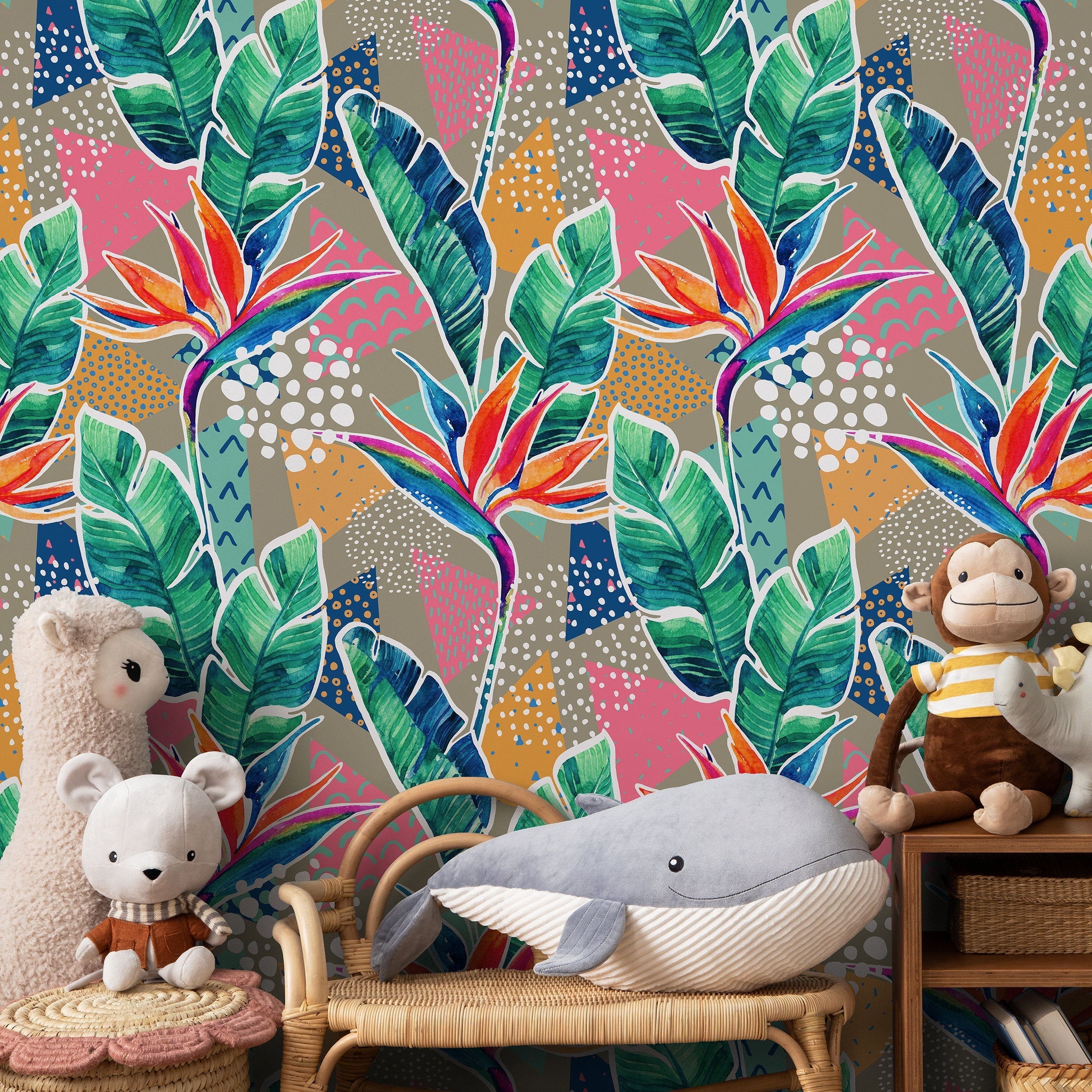 Botanical Wallpaper With Bird Of Paradise In Green, Pink, And Orange - A869