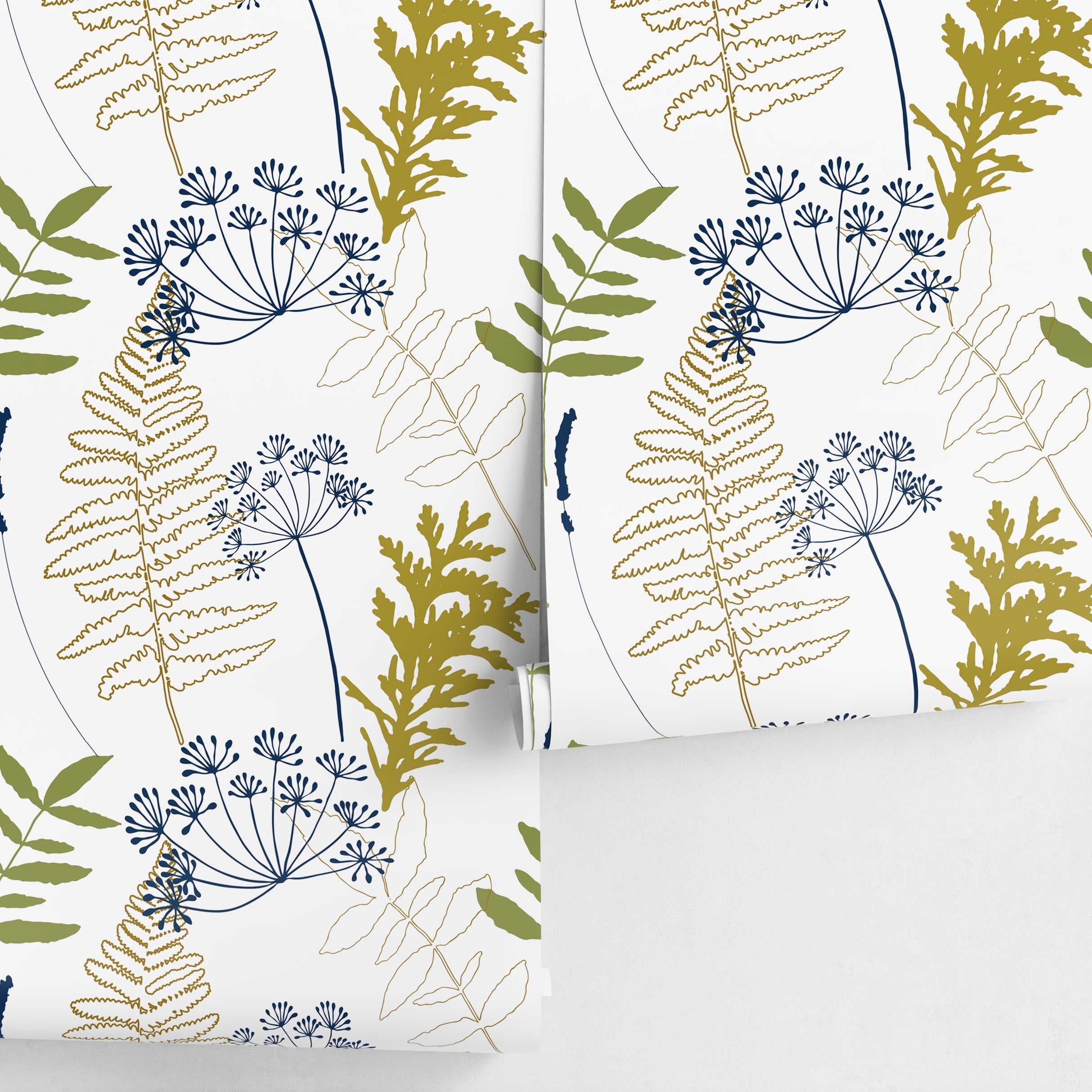 Botanical Wallpaper With Ferns And Wildflowers In Navy, Olive, And Gold - A870