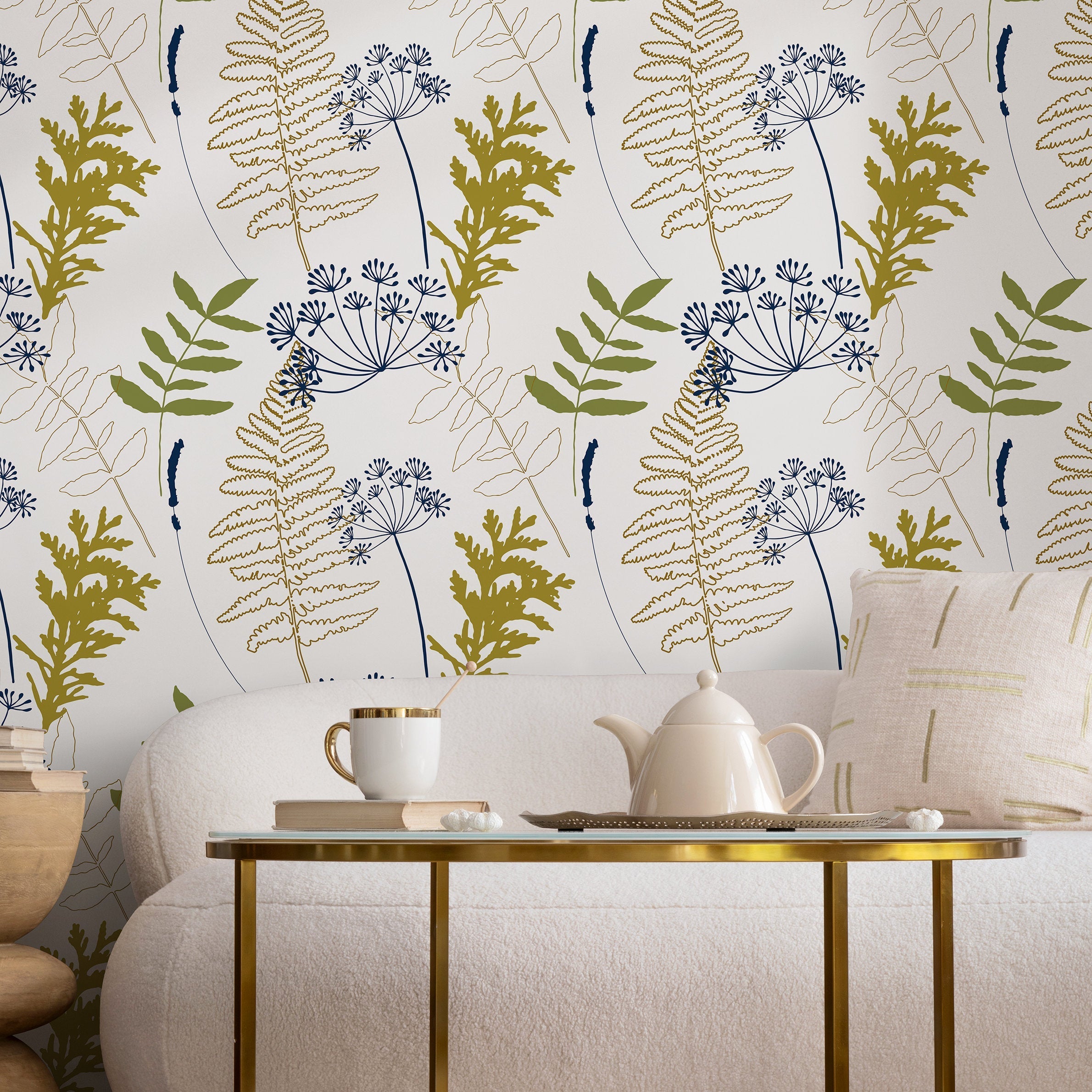 Botanical Wallpaper With Ferns And Wildflowers In Navy, Olive, And Gold - A870