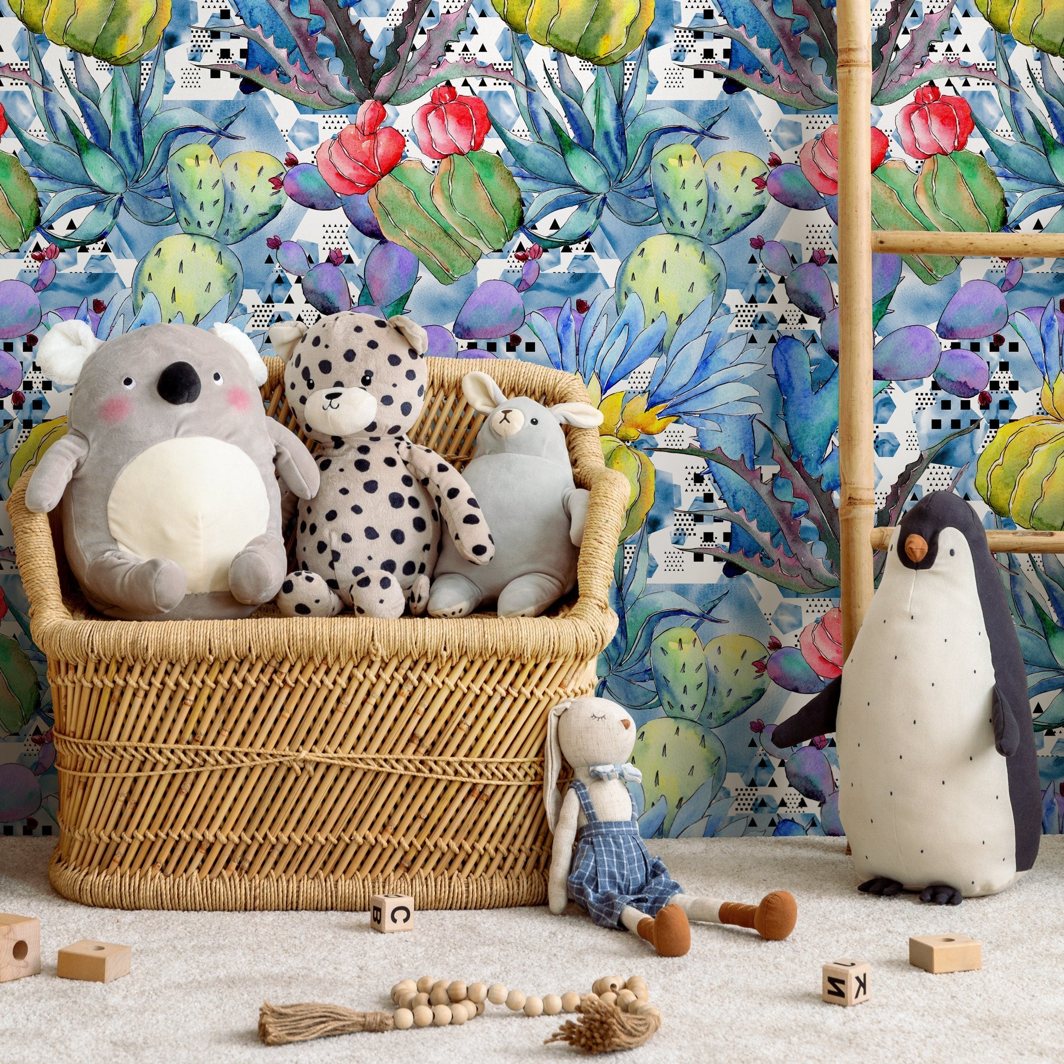 Abstract Botanical Wallpaper With Watercolor Cacti In Blue, Green, And Red - B010