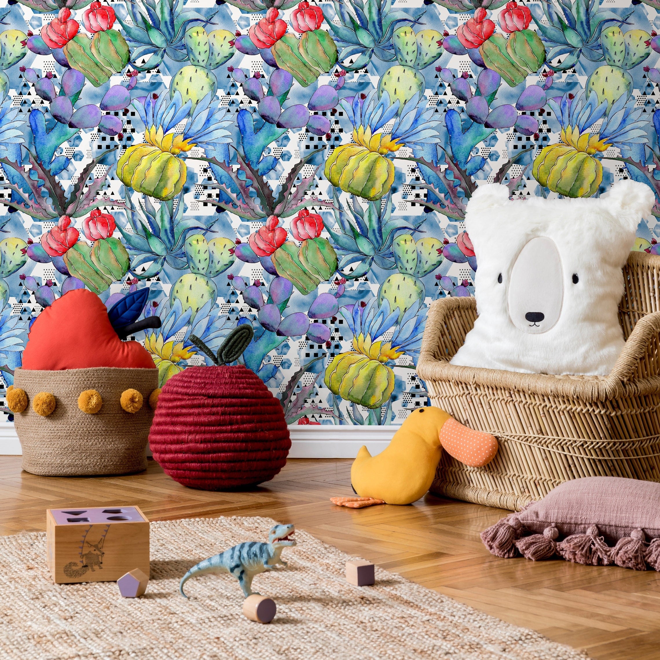 Abstract Botanical Wallpaper With Watercolor Cacti In Blue, Green, And Red - B010