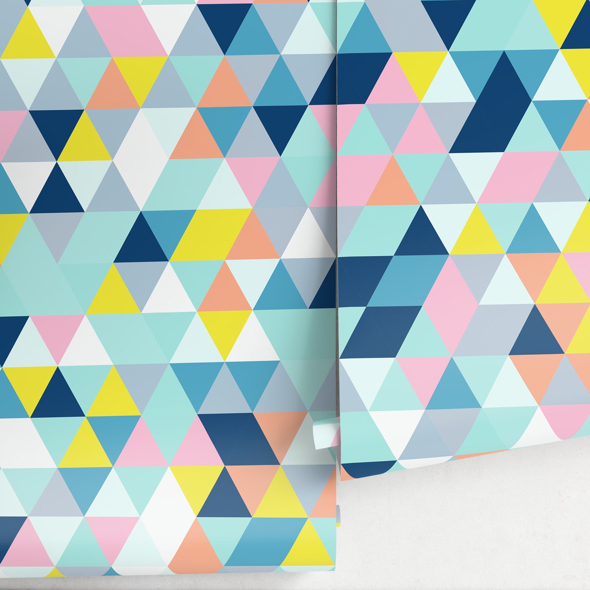 Geometric Wallpaper With A Colorful Triangle Mosaic In Blue, Yellow, And Pink - A876