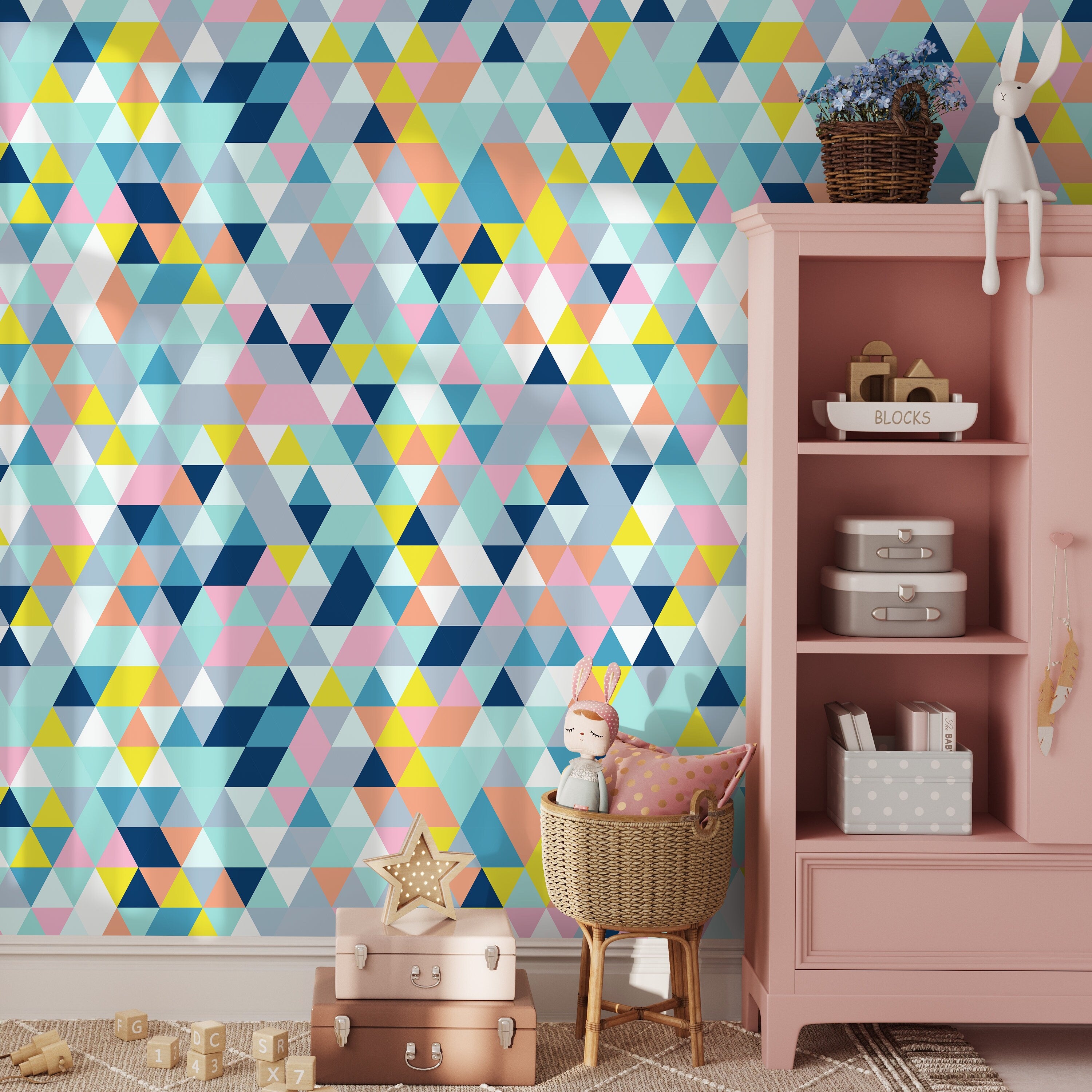 Geometric Wallpaper With A Colorful Triangle Mosaic In Blue, Yellow, And Pink - A876