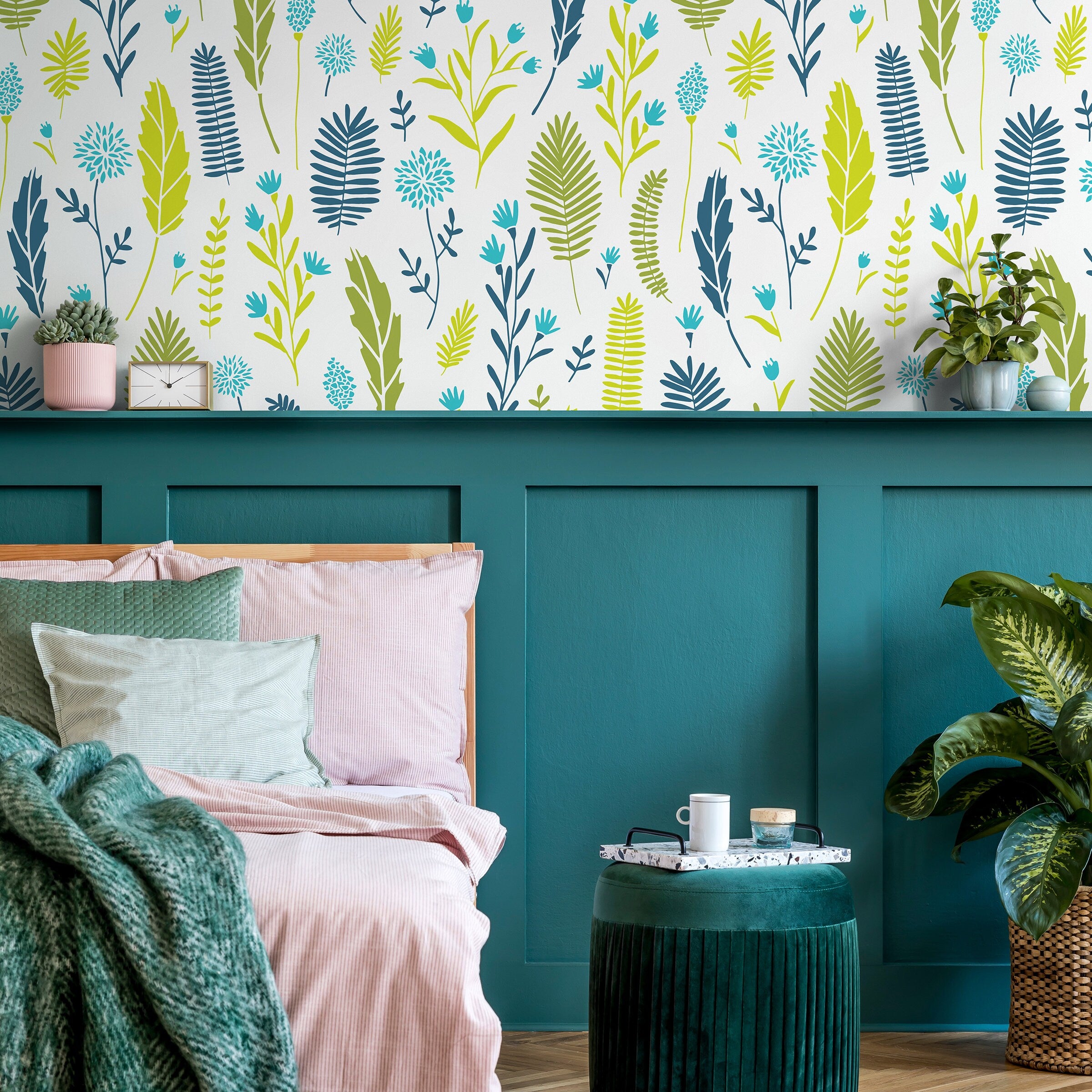 Botanical Wallpaper With Stylized Leaves In Green, Teal, And Blue - A879