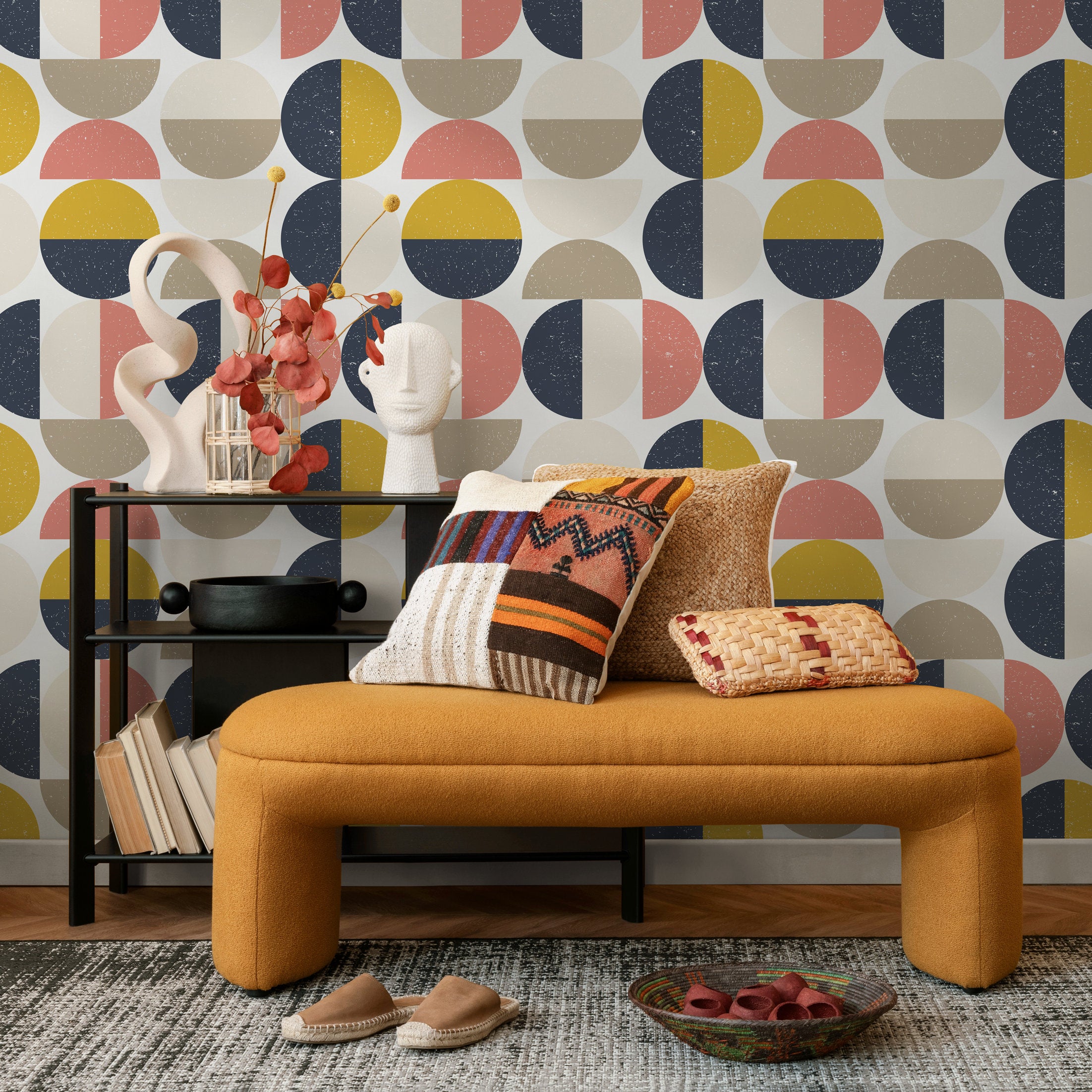Mid-century Modern Wallpaper With Geometric Circles In Navy, Yellow, And Pink - D991