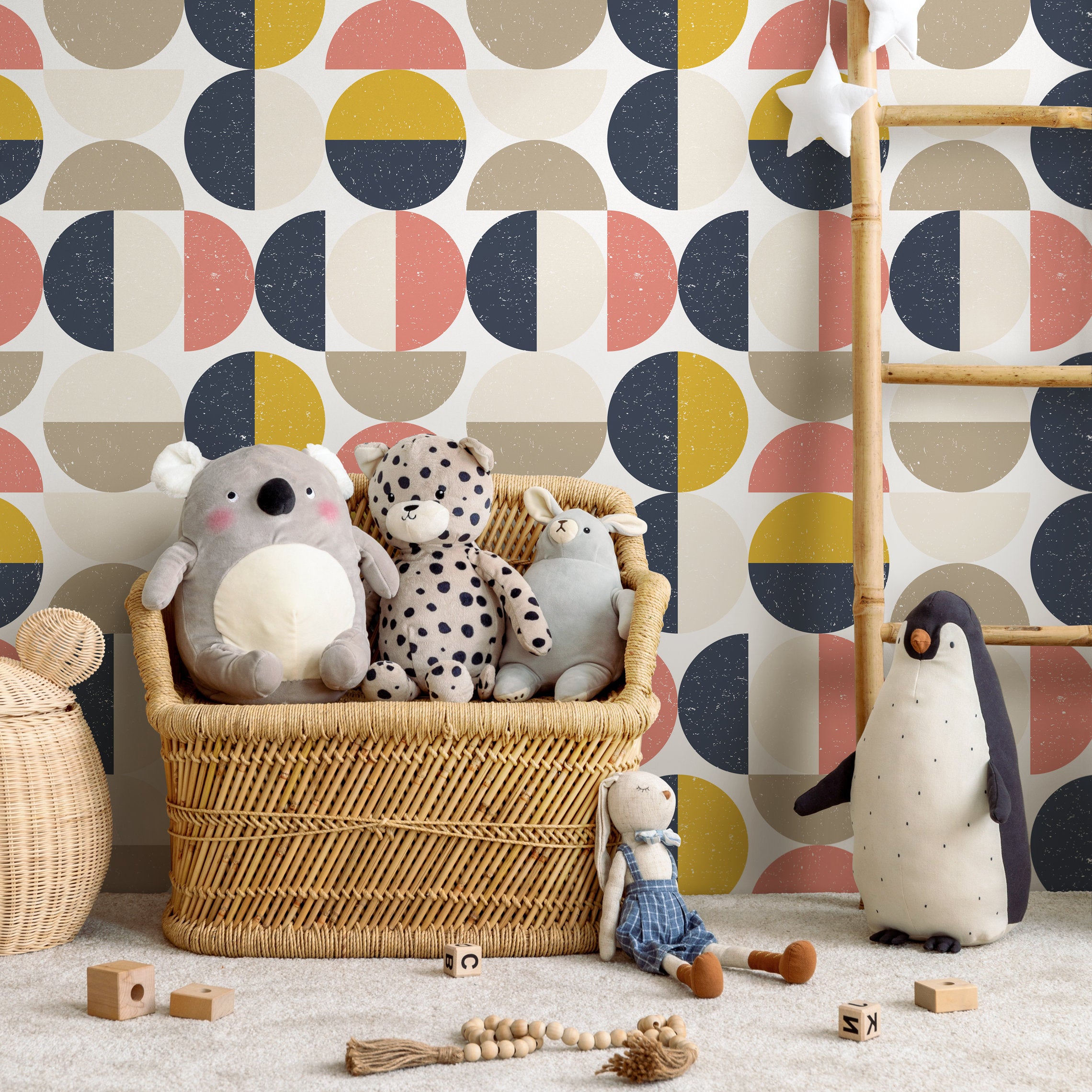 Mid-century Modern Wallpaper With Geometric Circles In Navy, Yellow, And Pink - D991