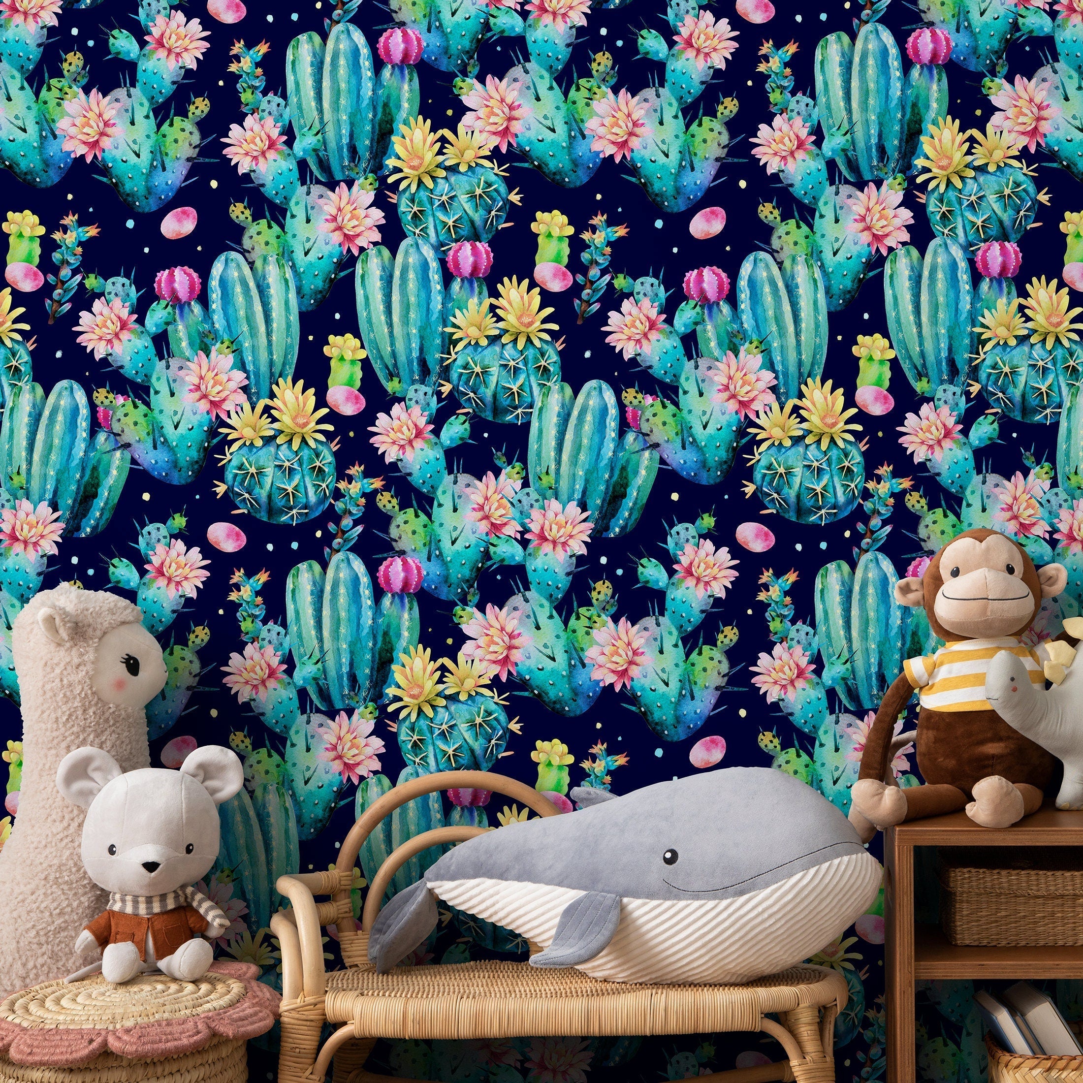 Botanical Wallpaper With A Blooming Cactus Motif In Teal, Pink, And Blue - B022