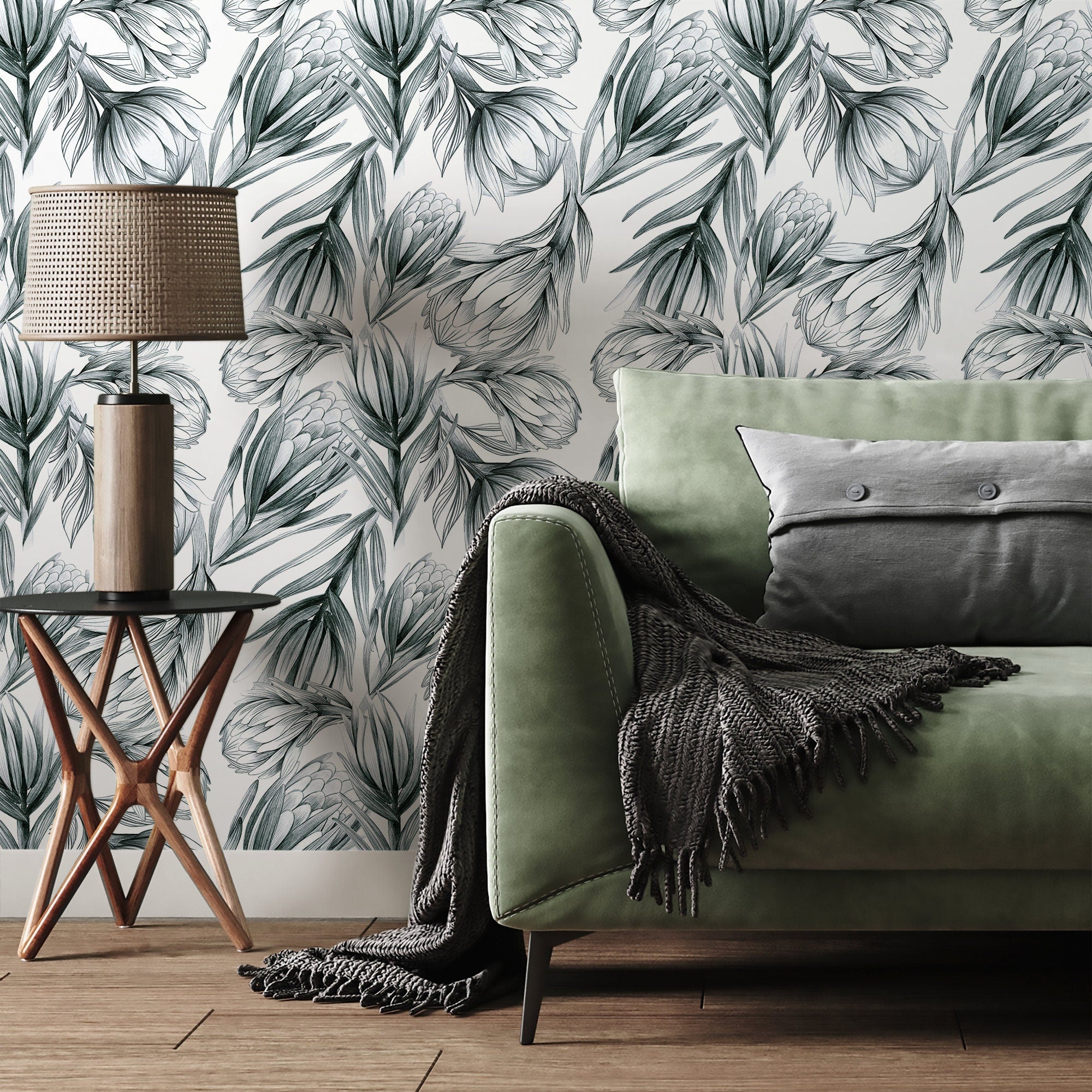 Floral Wallpaper With Hand-drawn Protea Flowers In Dark Green And Grey - B025