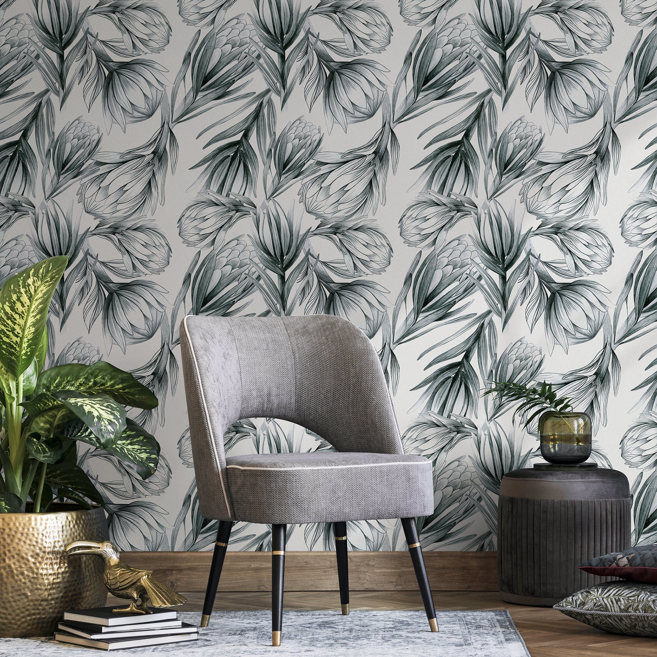 Floral Wallpaper With Hand-drawn Protea Flowers In Dark Green And Grey - B025