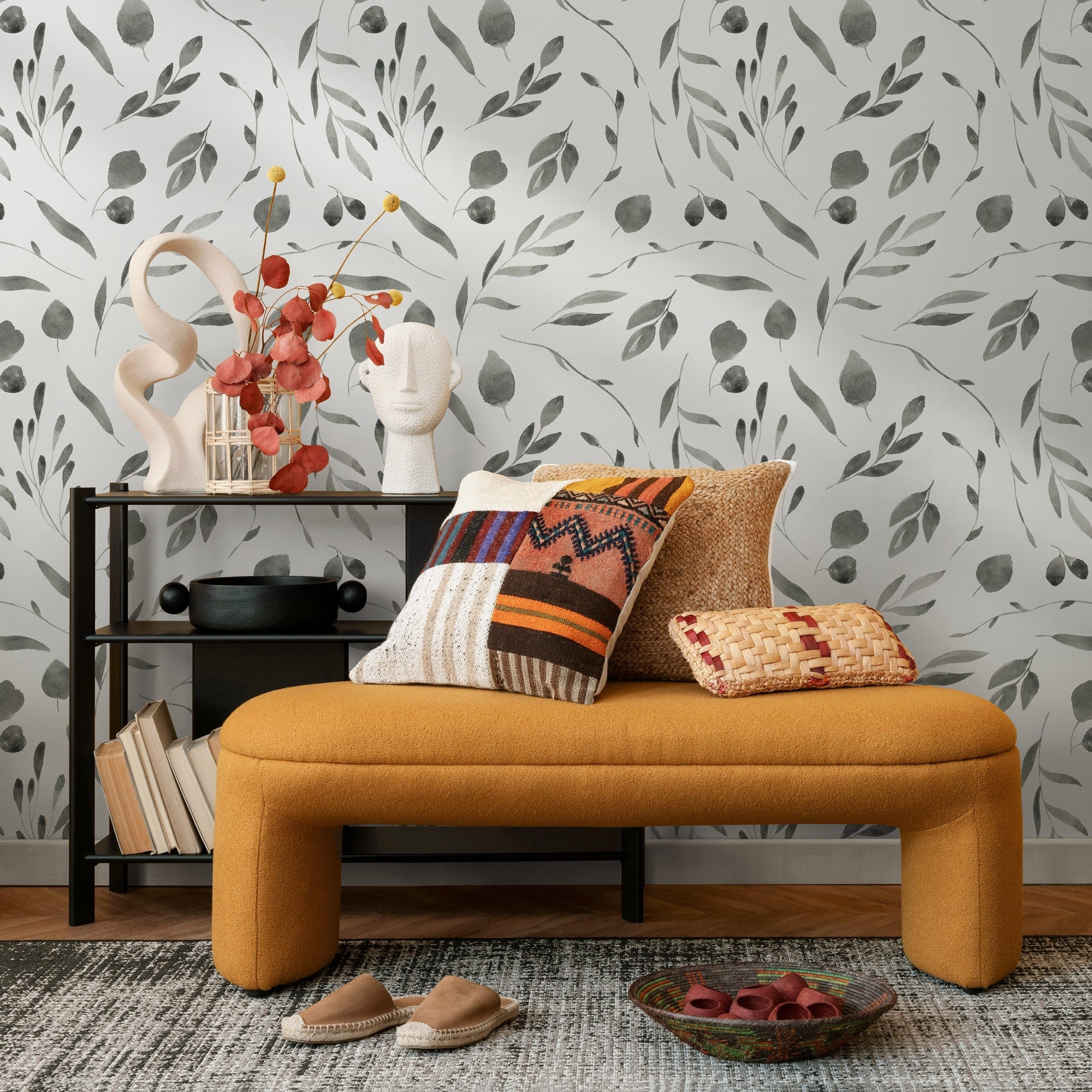 Botanical Wallpaper With Watercolor Leaves In Gray - B028