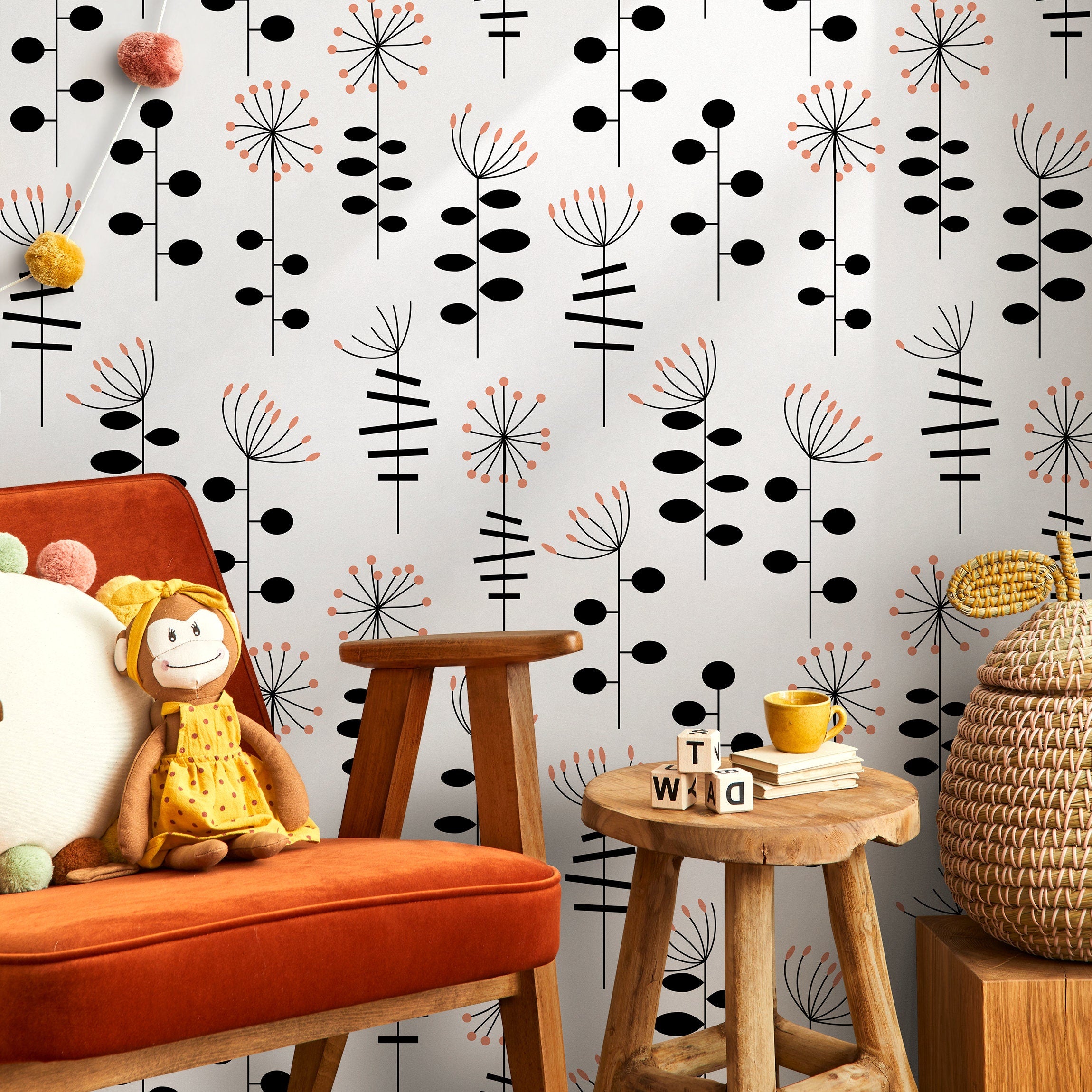 Abstract Floral Wallpaper With Stylized Botanicals In Black And Terracotta - A882