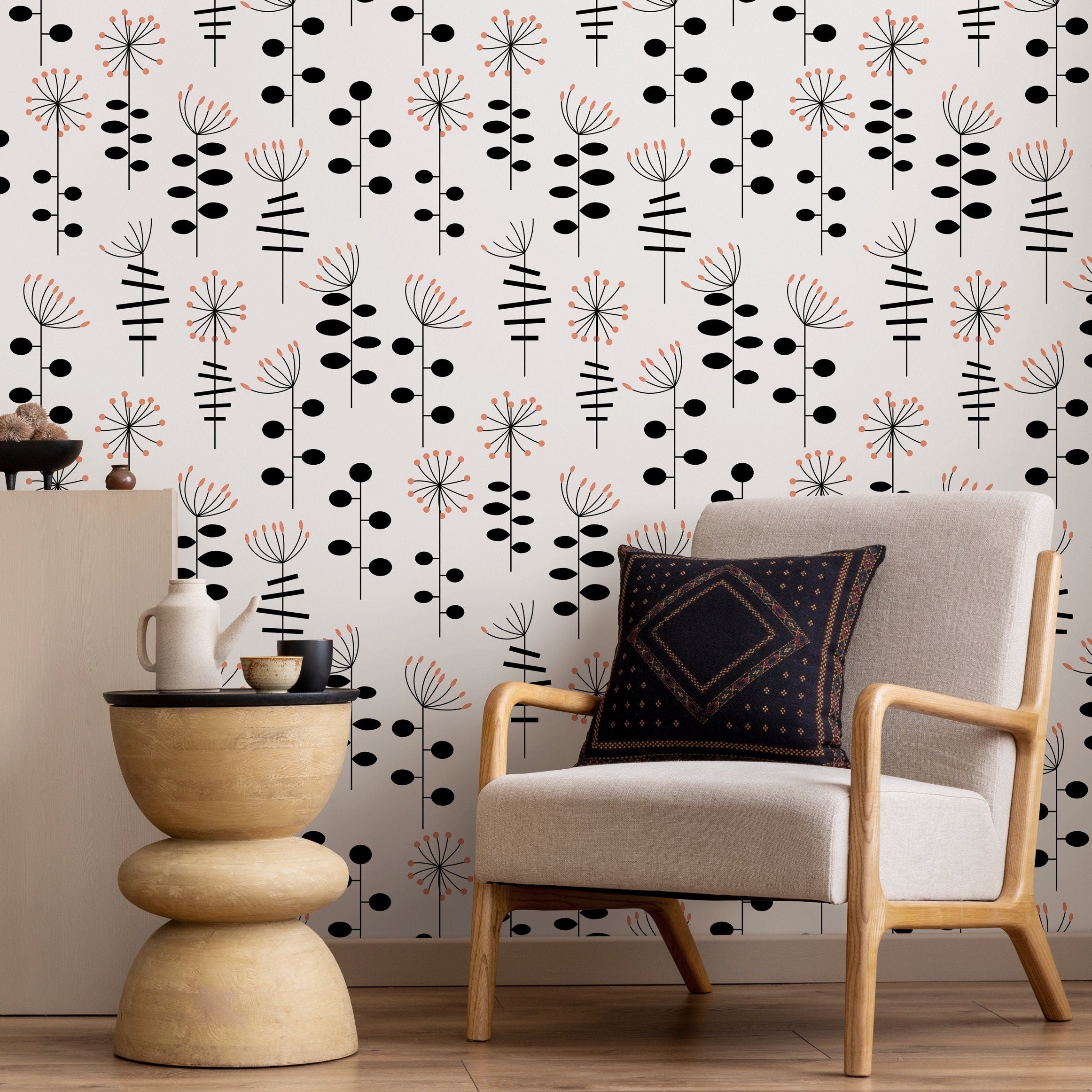 Abstract Floral Wallpaper With Stylized Botanicals In Black And Terracotta - A882