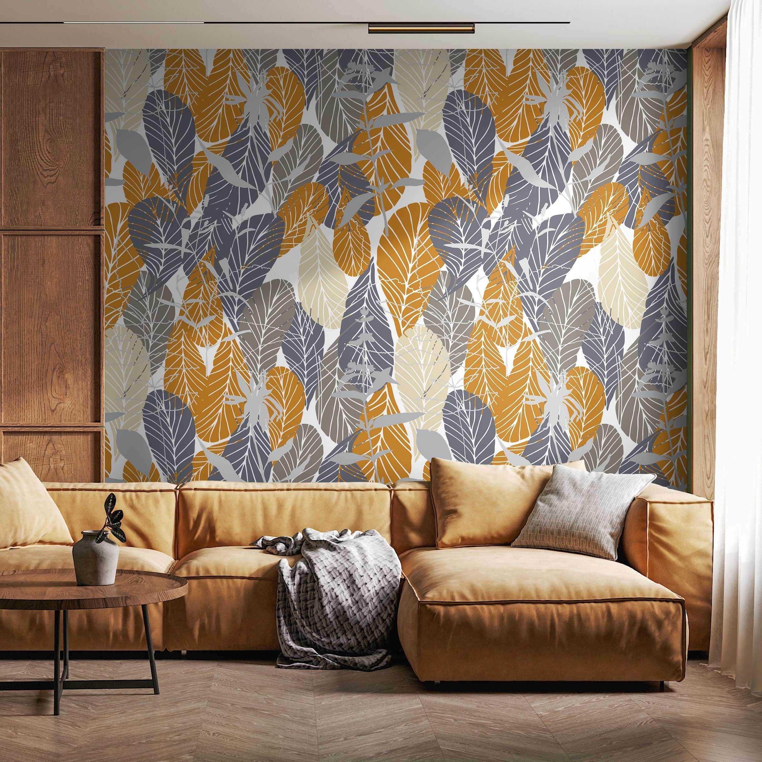 Botanical Wallpaper With Overlapping Leaves In Ochre, Gray, And Taupe - A889
