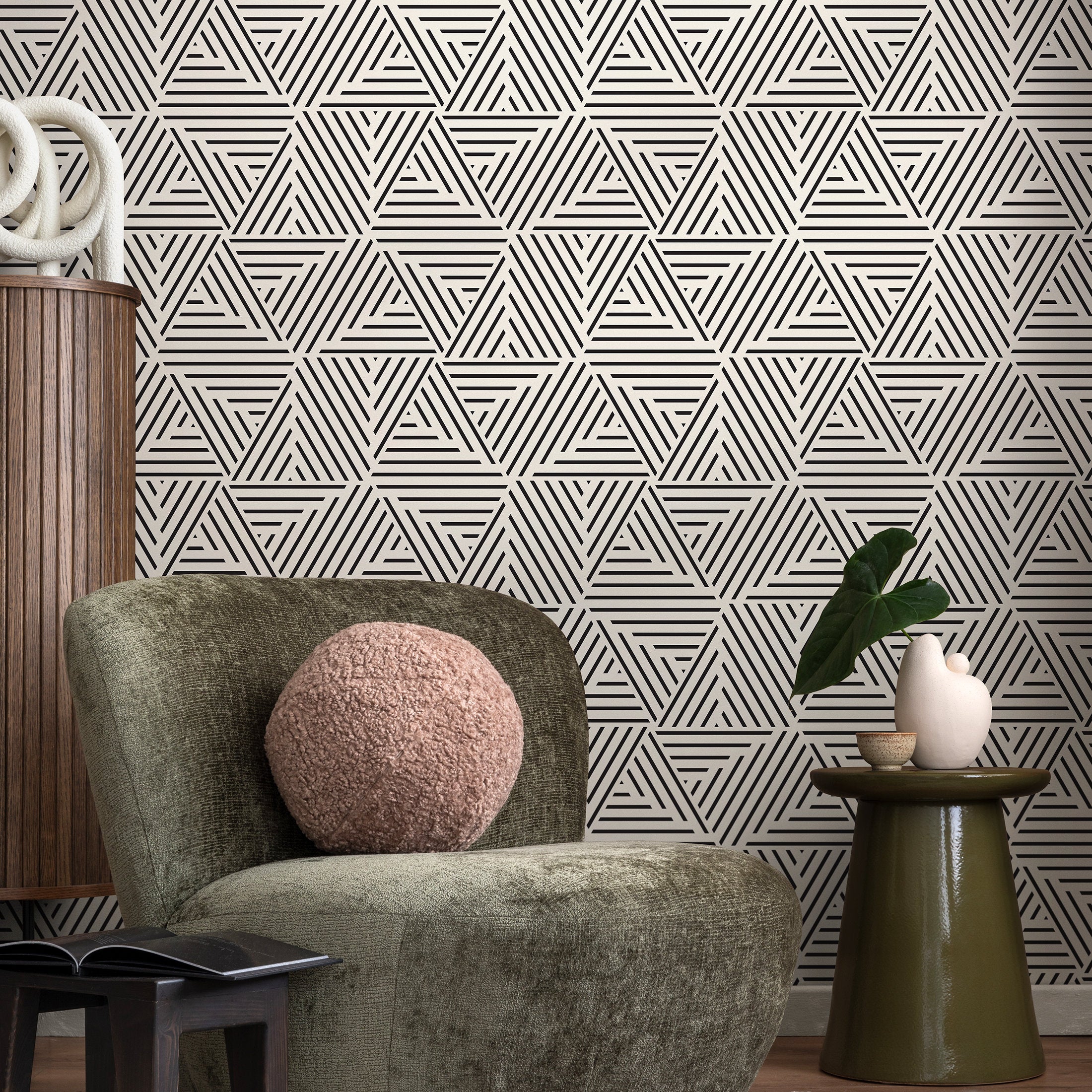 Geometric Wallpaper With A Striped Triangle Motif In Black And White - B077