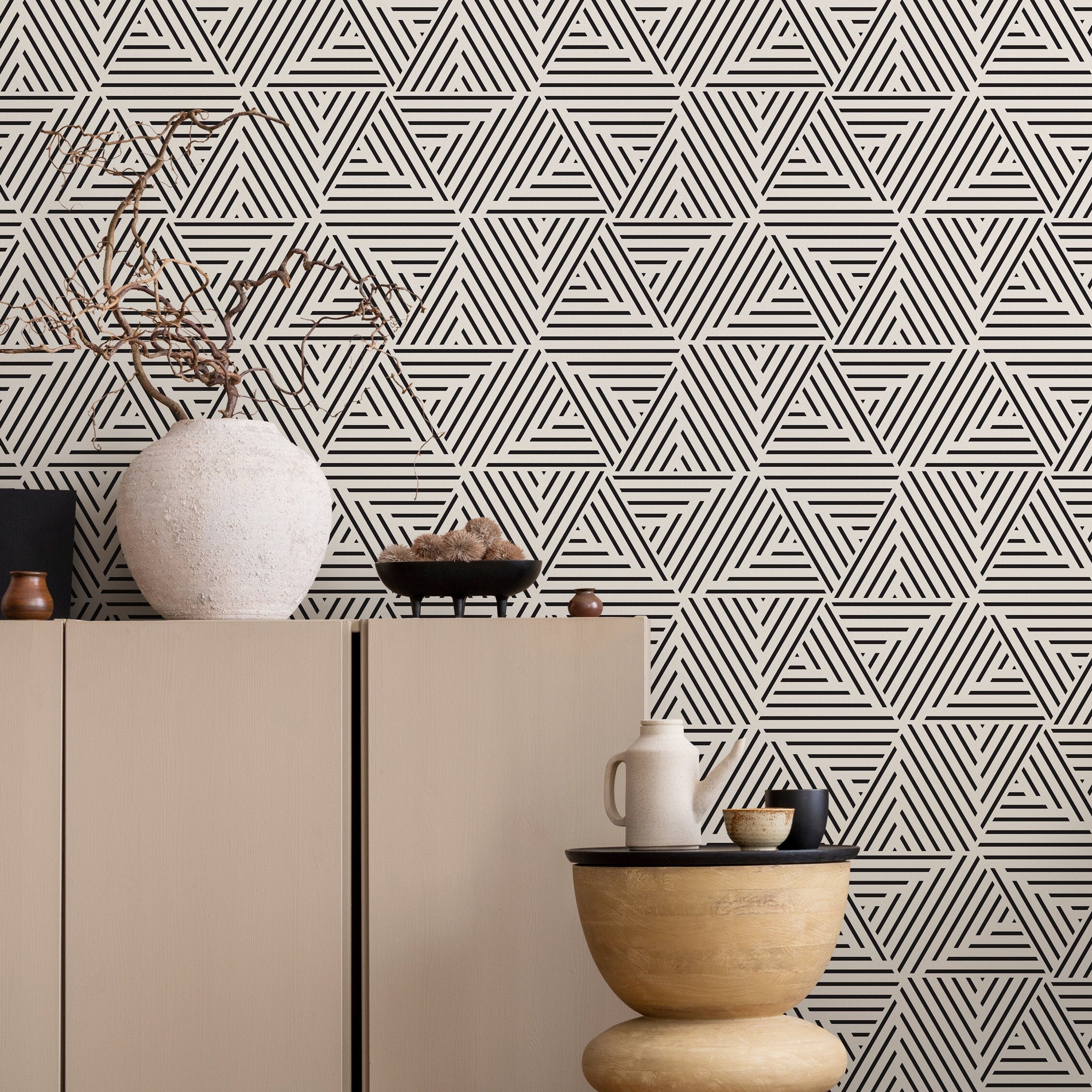 Geometric Wallpaper With A Striped Triangle Motif In Black And White - B077