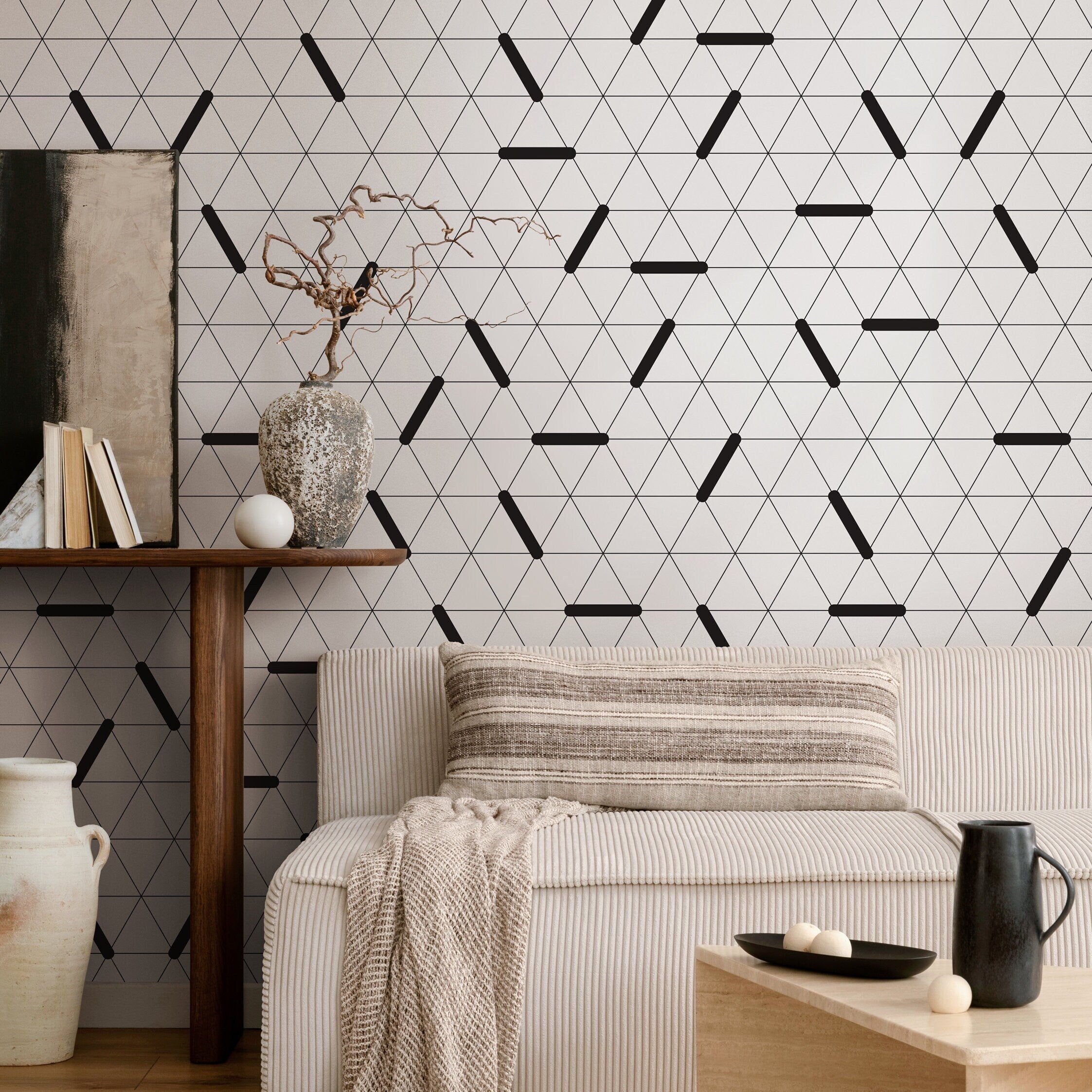 Geometric Wallpaper With A Modern Triangle Motif In Black And White - B083