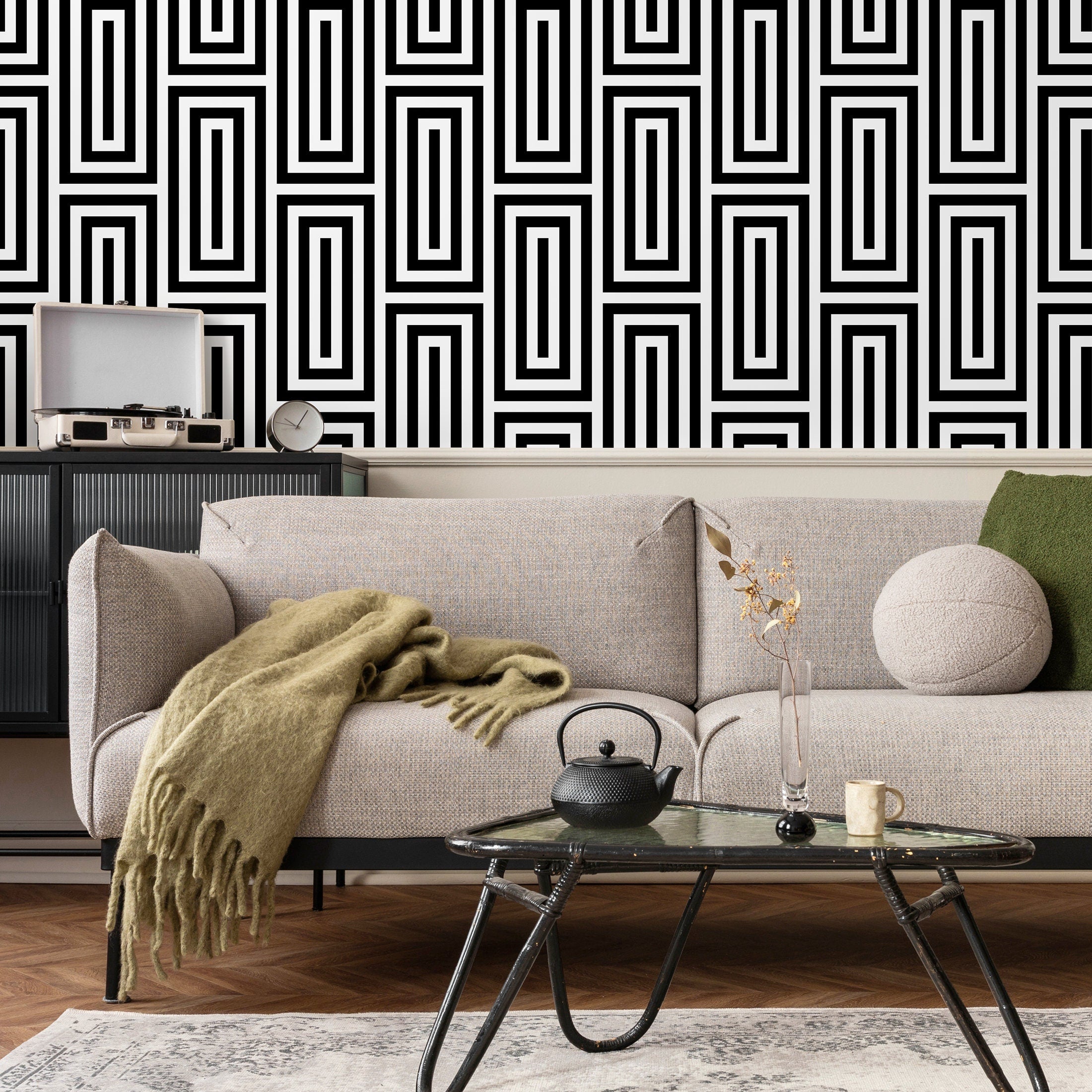 Geometric Wallpaper With A Bold Maze Motif In Black And White - B098