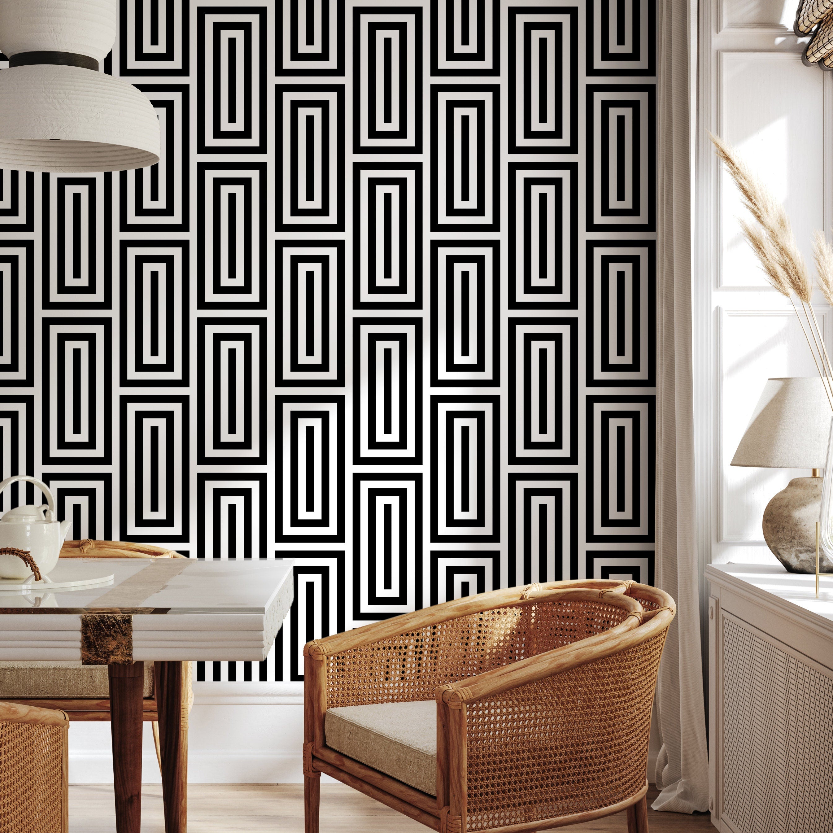 Geometric Wallpaper With A Bold Maze Motif In Black And White - B098