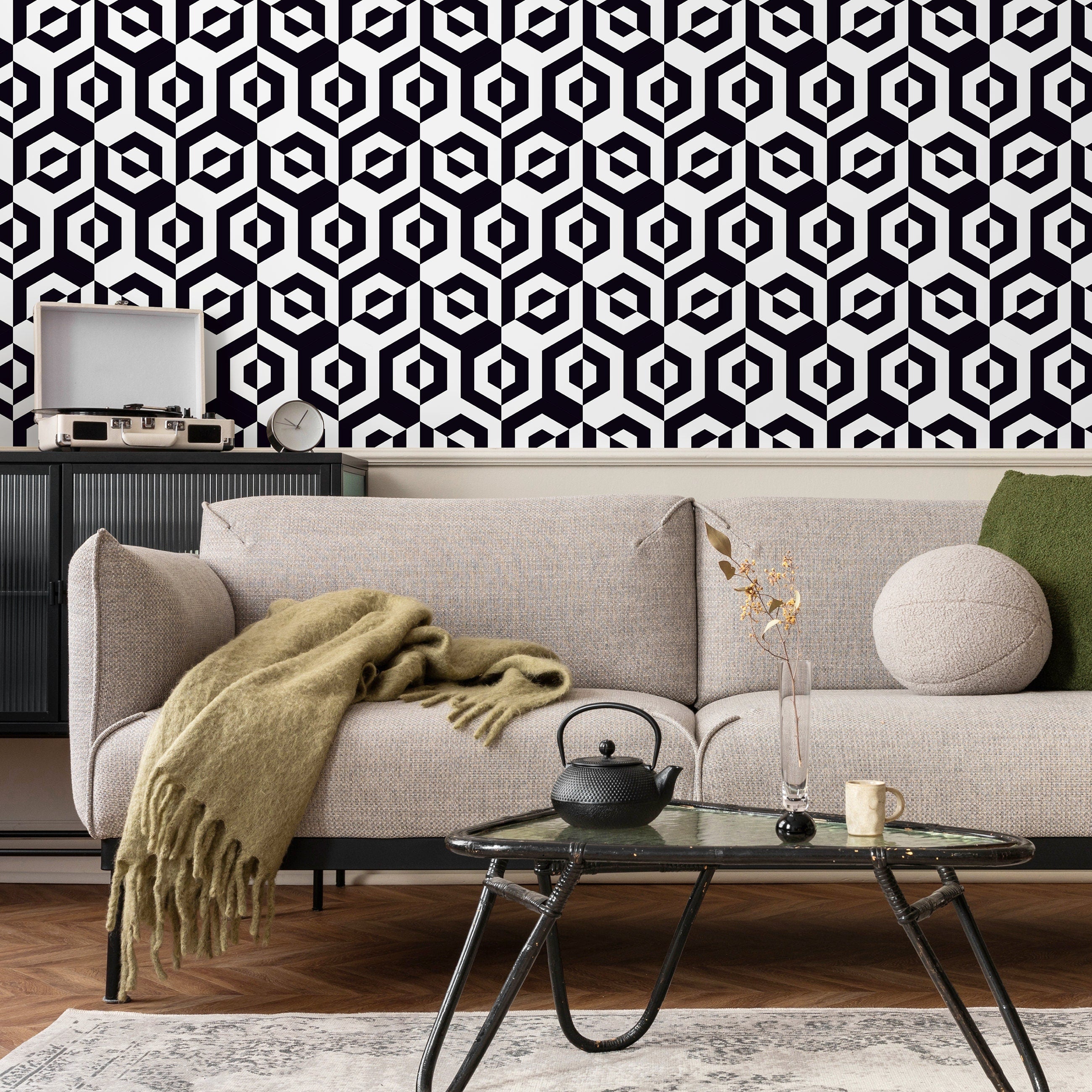 Geometric Wallpaper With A Hexagonal Optical Illusion In Black And White - A899