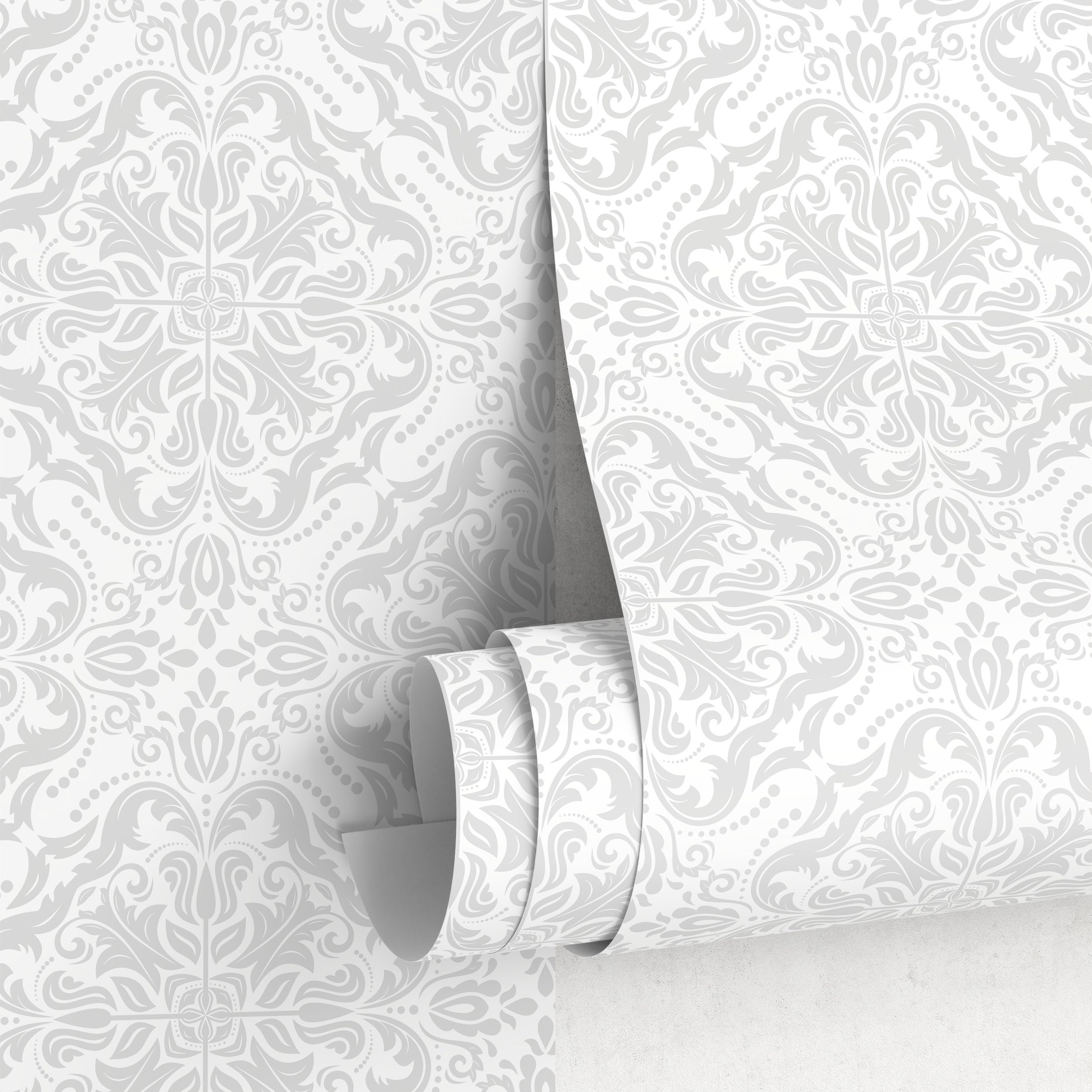 Damask Wallpaper With An Ornate Medallion Motif In Light Gray - A900
