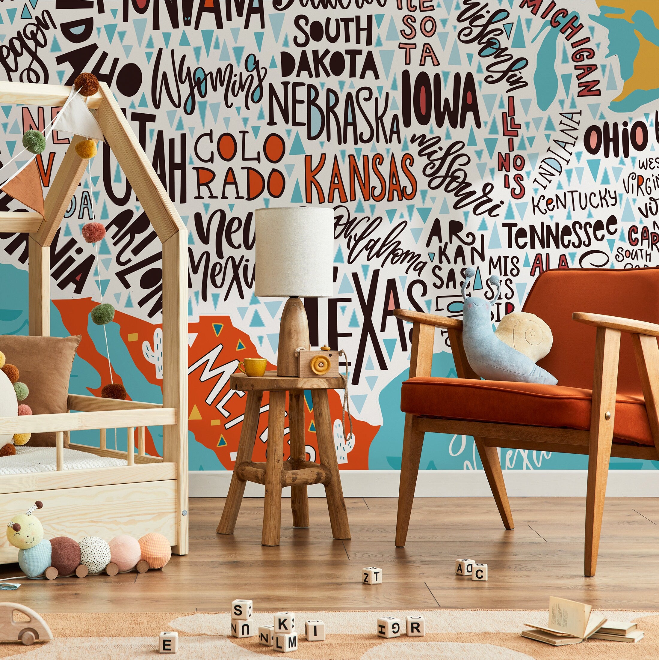 Map Wallpaper With A Typographic Usa Design In Teal, Yellow, And Red - A905